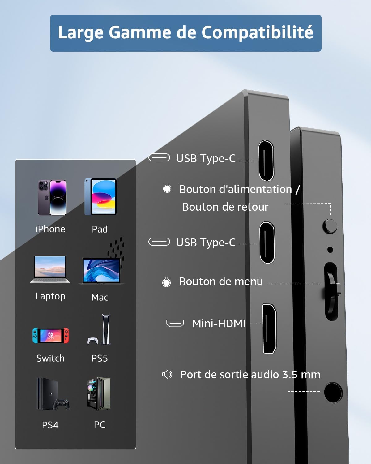 Yodoit Écran d'ordinateur portable 15,6 pouces 1920 × 1080 FHD Moniteur IPS 100 % SRGB Affichage HDMI USB Type C avec haut-parleurs intégrés pour PC/Macbook/Xbox/PS4 5/TV – Image 6