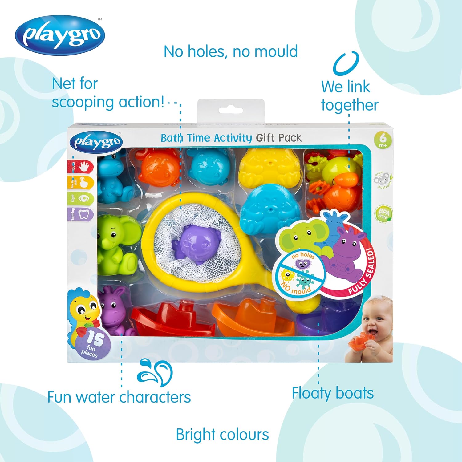 Playgro Coffret cadeau d'activités Bath Time, 15 pièces, ensemble de bain pour bébé, filet de rangement, animaux et bateaux, cadeau à partir de 6 mois – Image 3