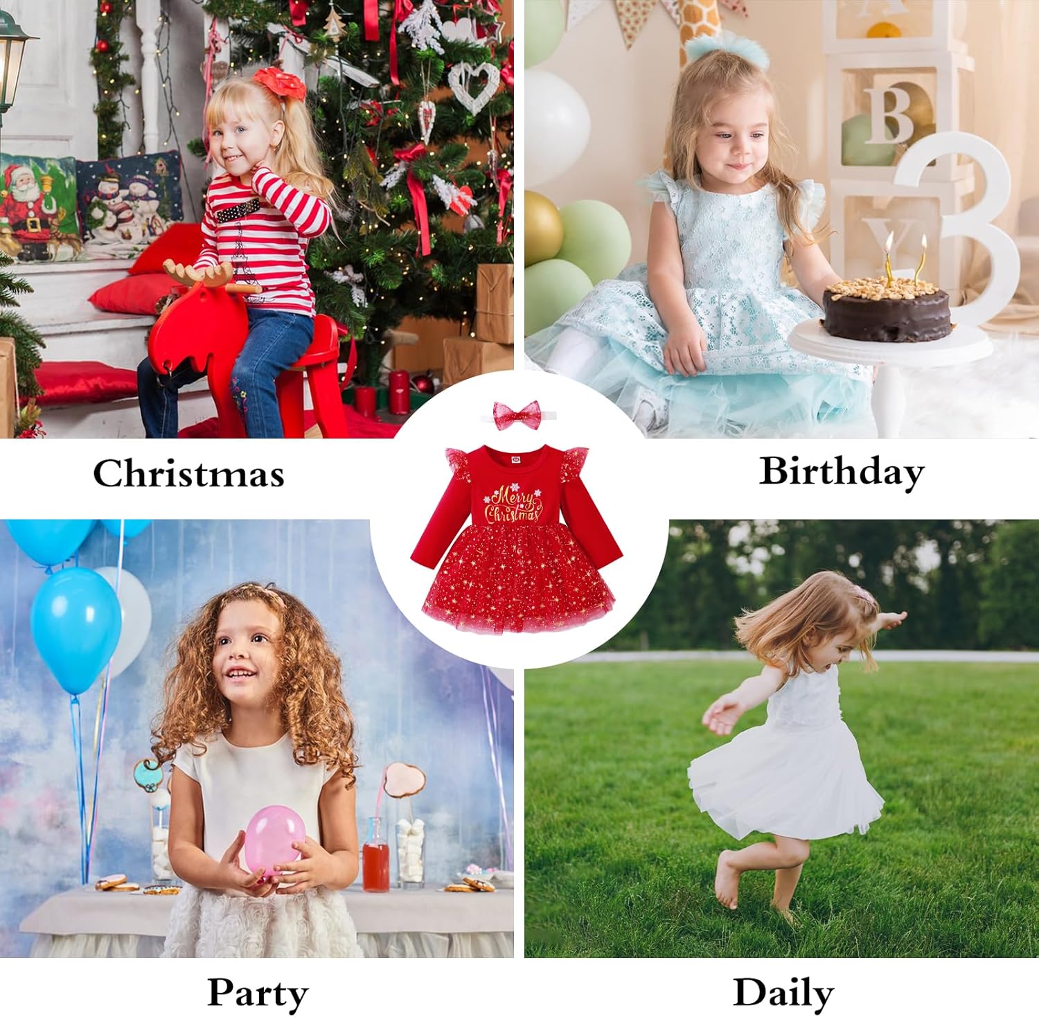 Winmany – tenues de noël pour bébés filles, robe Tutu, jupe en dentelle à manches longues, vêtements chauds pour bébés + bandeau – Image 5