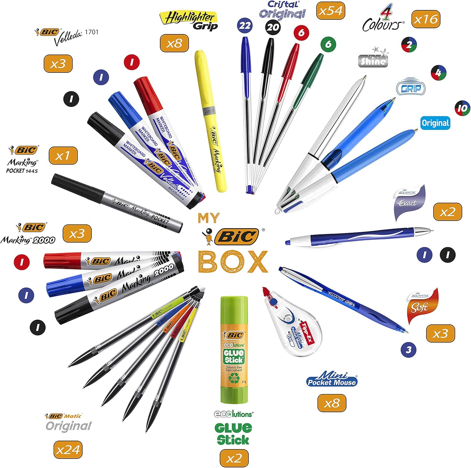 My BIC Box Boîte de 124 produits d'écriture - 75 stylos à bille, 24 porte-mines, 8 rubans correcteurs, 7 marqueurs, 8 surligneurs et 2 bâtons de colle blanche (21 g) – Image 3