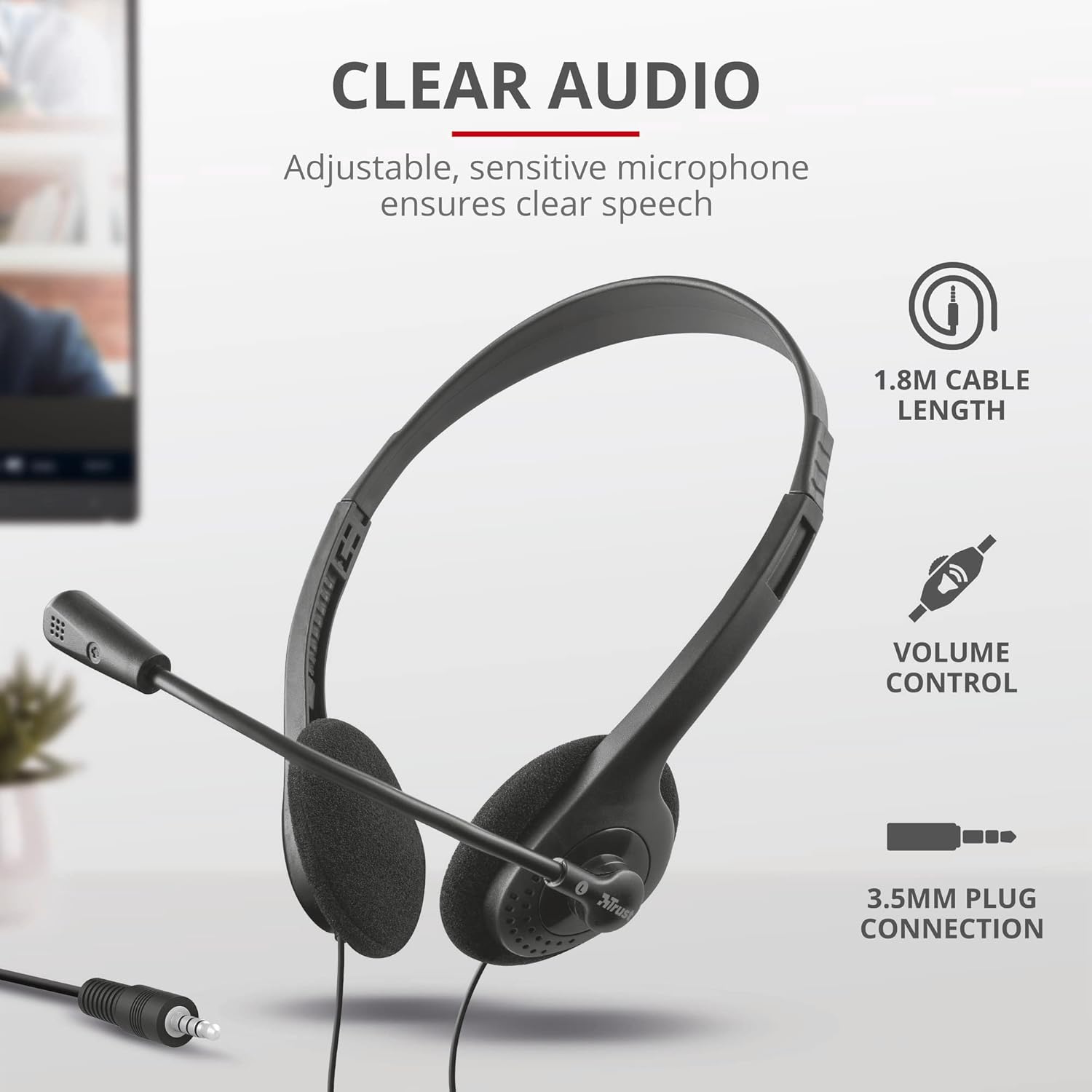 Trust Primo Microphone supra-auriculaire léger pour PC 3,5 mm, câble 1,8 m, casque audio PC filaire réglable pour ordinateur portable, télétravail, bureau, chat, équipes Zoom – Noir – Image 3