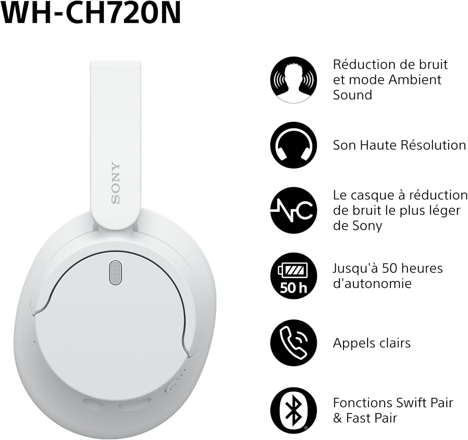 Sony WH-CH720N - Casque Bluetooth sans fil à réduction de bruit - Micro intégré - Jusqu'à 35 heures d'autonomie et charge rapide - Blanc – Image 3