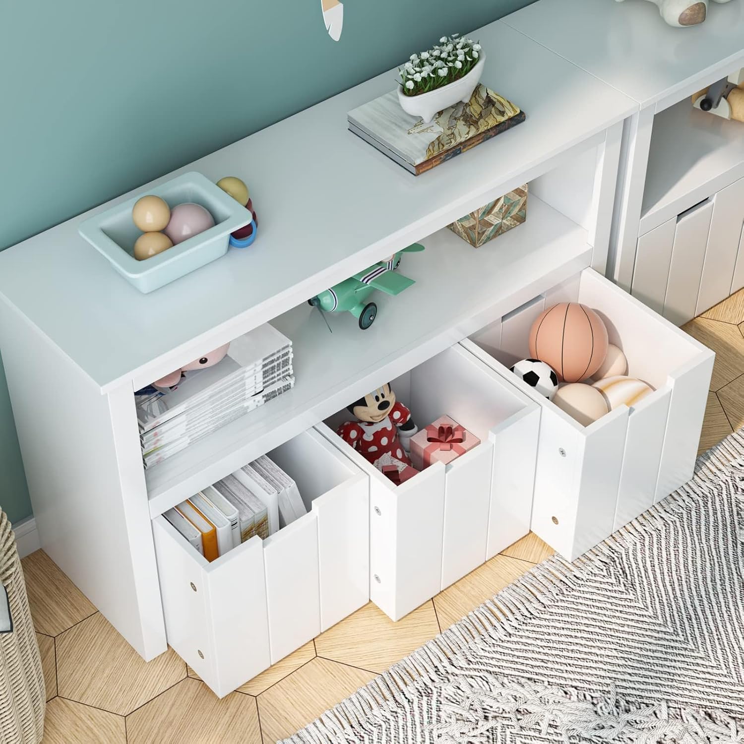 FOREHILL Meuble de Rangement Jouets pour Enfants Bibliothèque Etagère Meuble de Rangement avec 3 Tiroirs Roulants Blanc 102 x 33 x 61,5 cm – Image 3