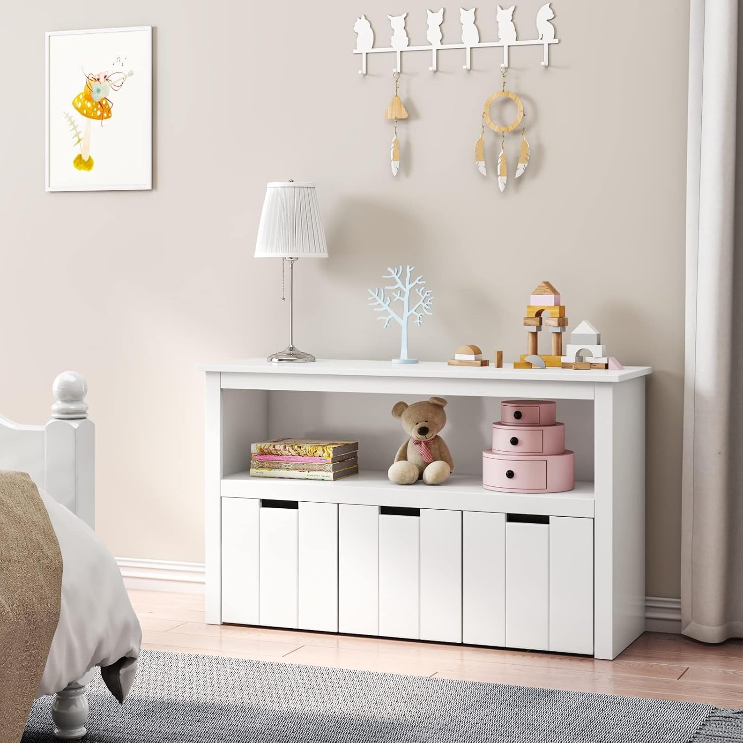 FOREHILL Meuble de Rangement Jouets pour Enfants Bibliothèque Etagère Meuble de Rangement avec 3 Tiroirs Roulants Blanc 102 x 33 x 61,5 cm – Image 5