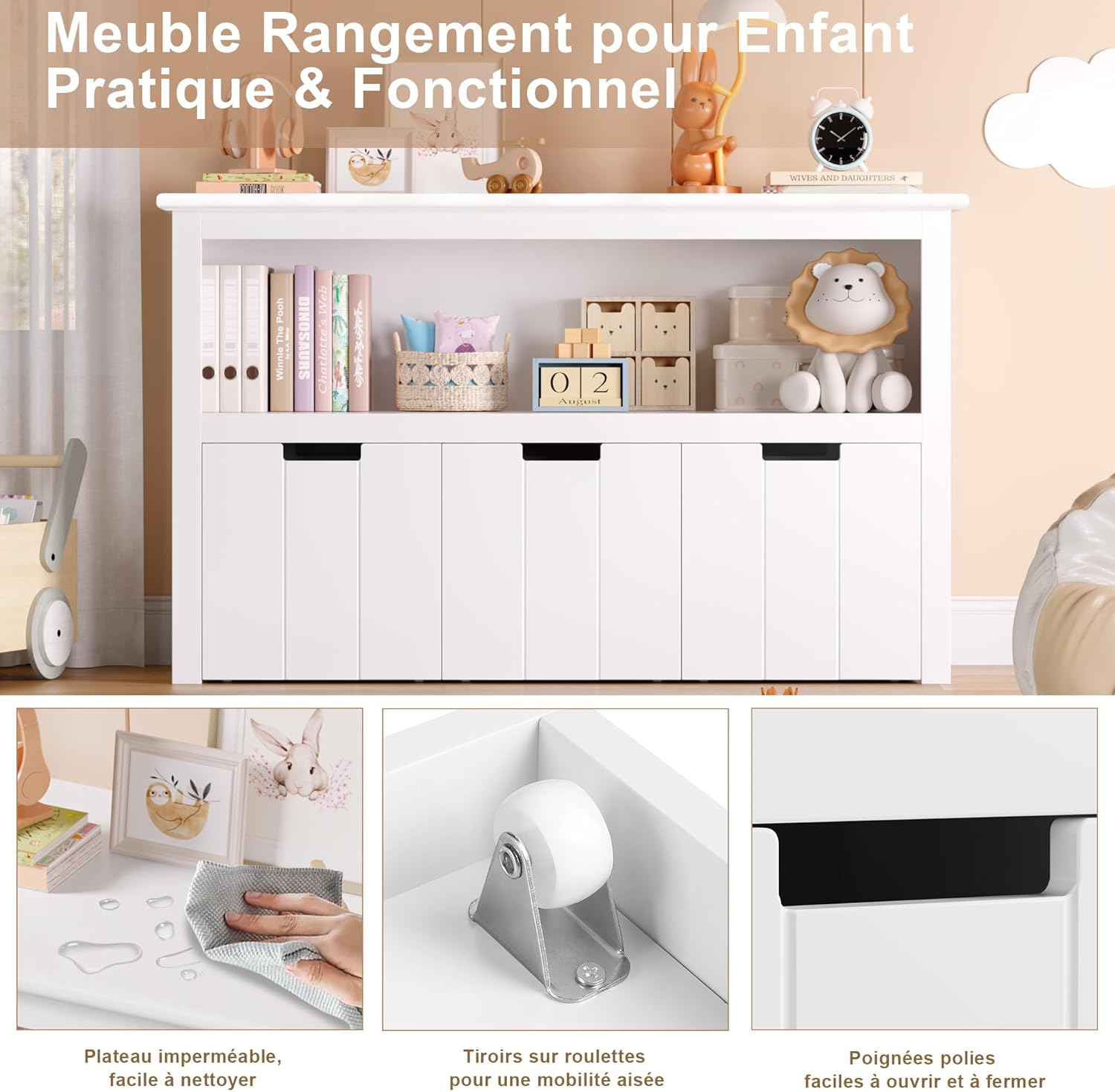 FOREHILL Meuble de Rangement Jouets pour Enfants Bibliothèque Etagère Meuble de Rangement avec 3 Tiroirs Roulants Blanc 102 x 33 x 61,5 cm – Image 6