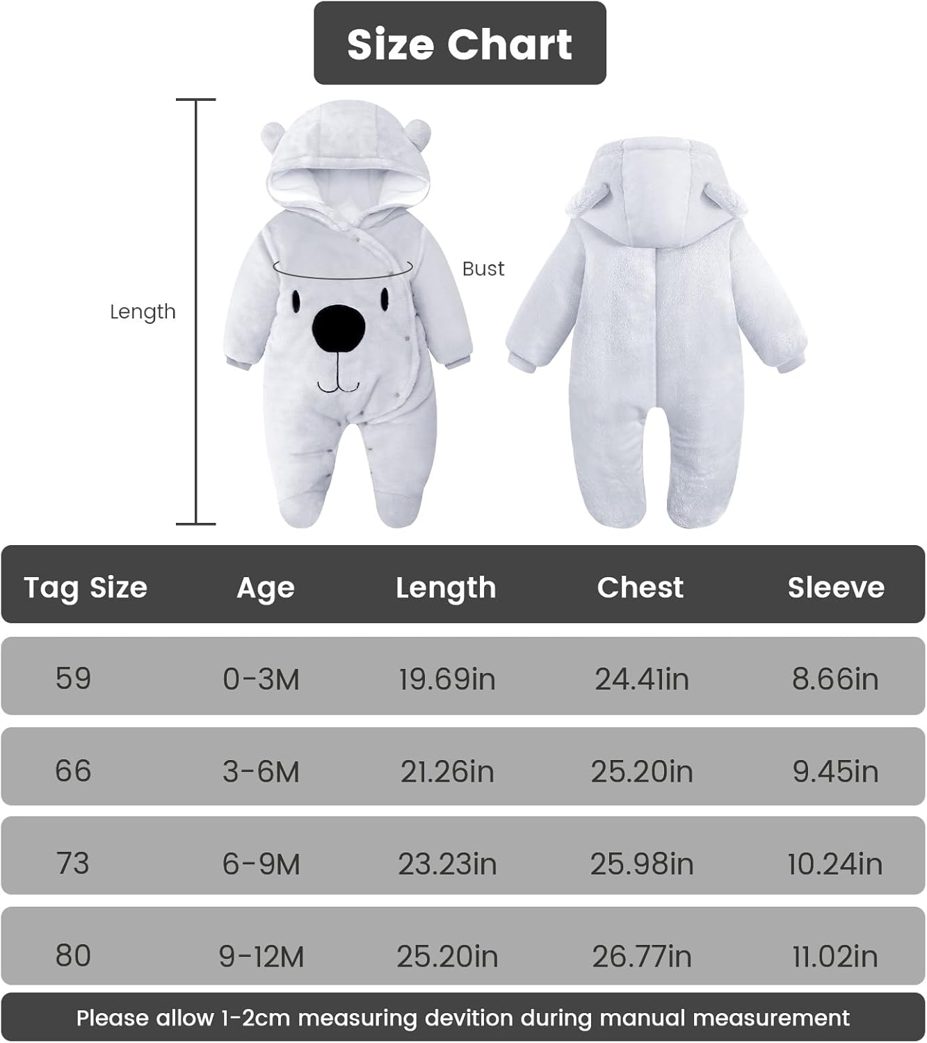 Combinaison d'hiver pour bébé avec capuche en flanelle, combinaison de neige, barboteuse de joueur, avec pieds, caricature, vêtements de 0 à 3 mois, gris – Image 8