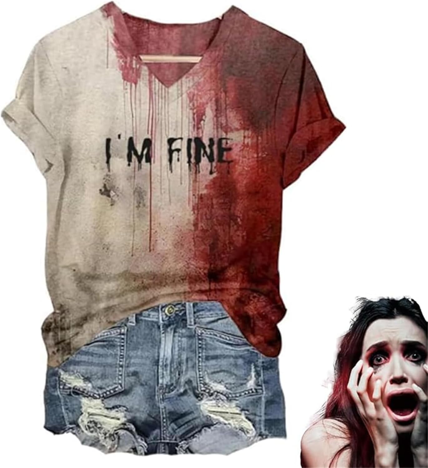 Aderpmin I'm Fine Bloody Shirt Femme Problème Résolu T-Shirt Problème Sanglant Résolu, Drôle Halloween Sang Horreur Vêtements Cadeau Sang Splatter Top – Image 2