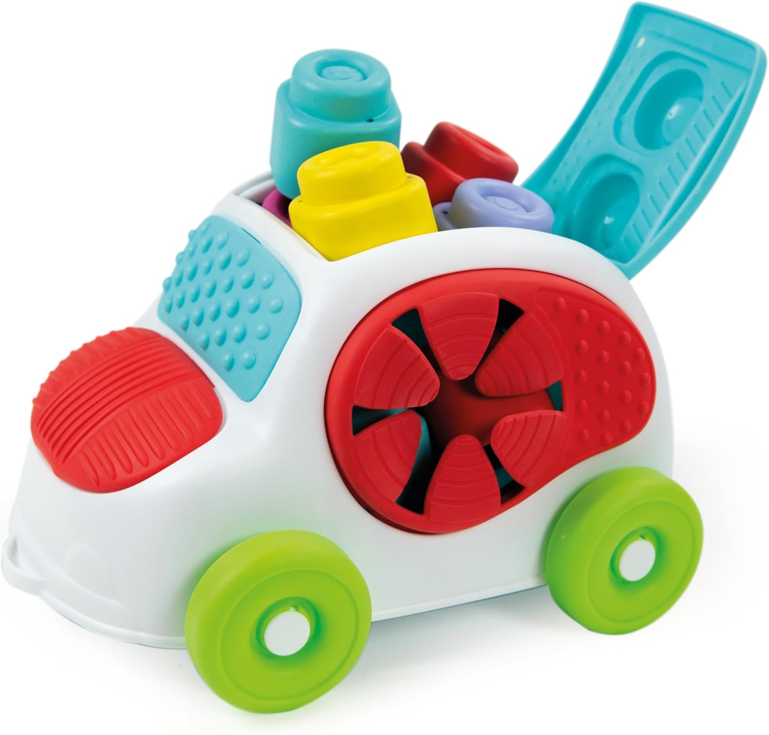Clémentoni | Voiture sensorielle Clemmy Baby 6-36 mois | 8 blocs souples inclus | Textures tactiles, formes empilables | Stimule la motricité fine et le sens du toucher | Jouet lavable en toute sécurité – Image 2