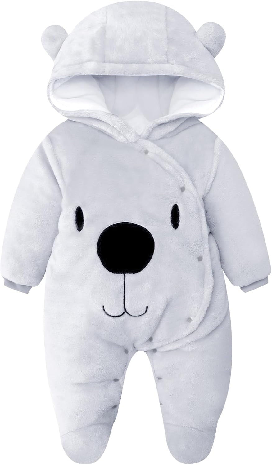 Combinaison d'hiver pour bébé avec capuche en flanelle, combinaison de neige, barboteuse de joueur, avec pieds, caricature, vêtements de 0 à 3 mois, gris – Image 2