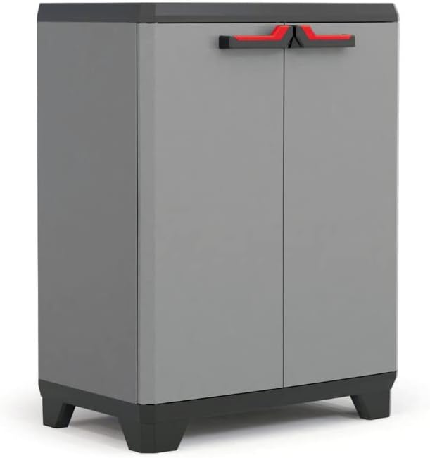 KETER Armoire Basse STILO - Armoire de Rangement Verouillable en Plastique - Étagère et Pieds Ajustables, Poignée Soft Touch - Cuisine, Garage, Atelier, Placard - 68 x 39 x 90 cm - Gris/Noir/Rouge – Image 2