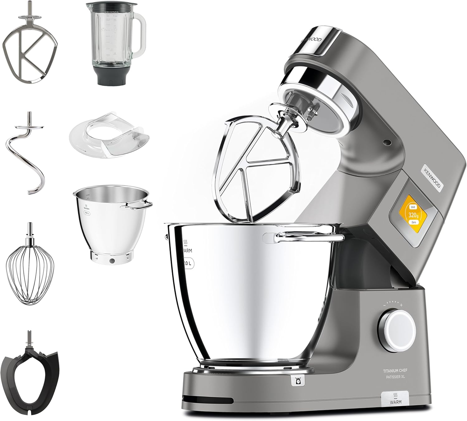 Kenwood Titanium Chef Patissier XL KWL90.034SI, balance de mixage intégrée, batteur K, pétrin, fouet, batteur souple, deux bols, couvercle anti-éclaboussures, 1400 W, acier, argent – Image 2