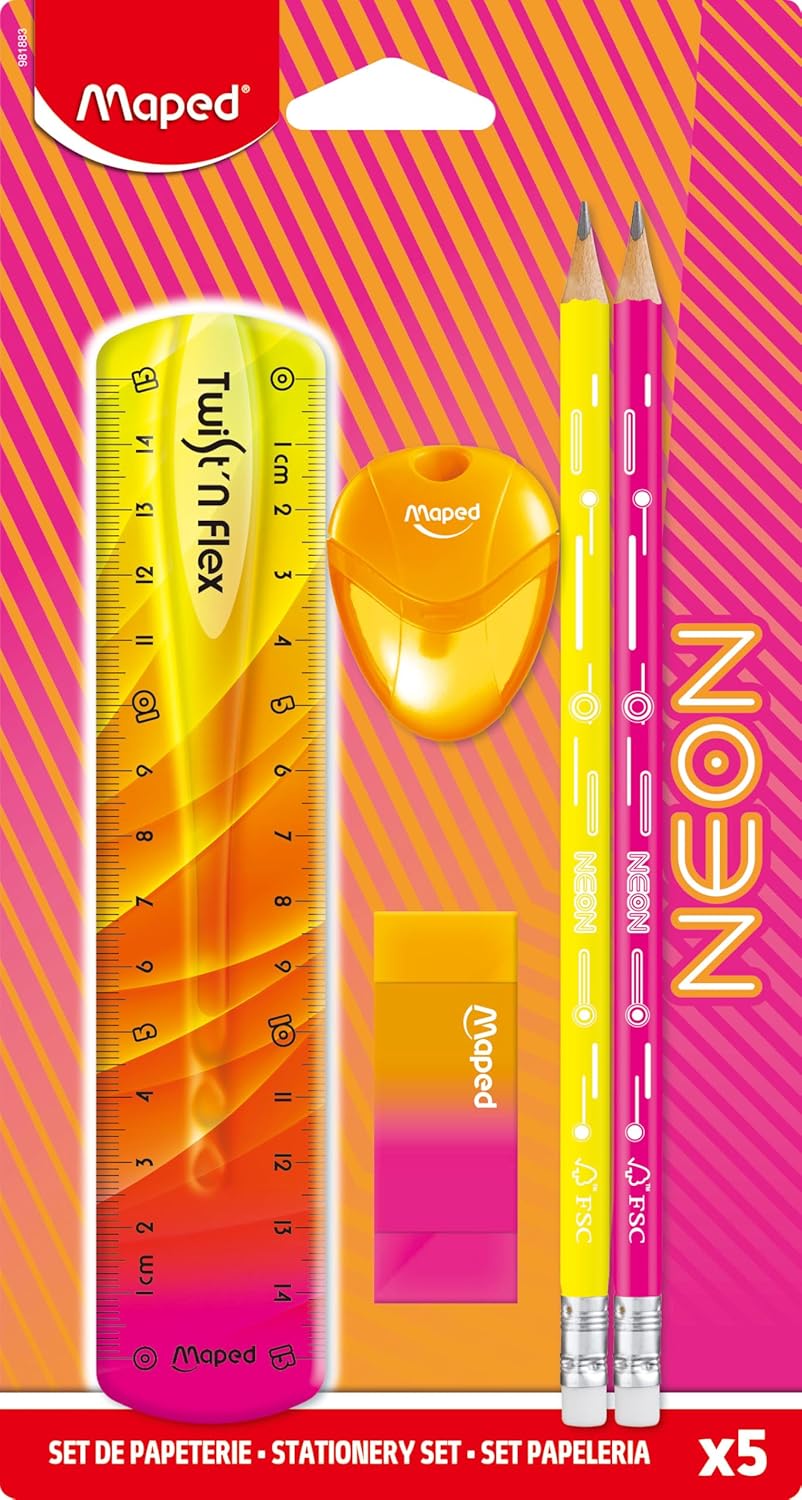 Maped - Set Papeterie Néon - Kit Retour à la Maison Ultra Tendance - Règle Twist&Flex 15 cm, 2 Crayons Graphite, Taille-Crayon Igloo, Gomme Bicolore avec Étui – Image 2