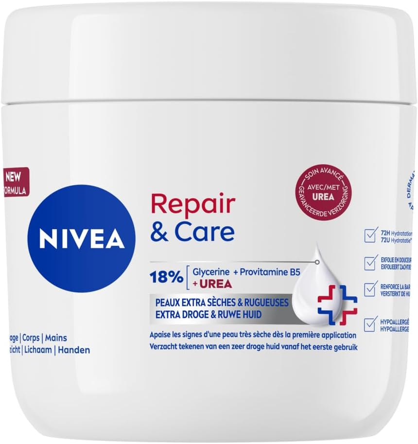 NIVEA Repair & Care - Crème Corps, Visage & Mains - Hydratation 72H - Exfolie en douceur - Protège la barrière cutanée - Glycérine, Provitamine B5 & Urée - Peau Extra Sèche & Rugueuse - 400 ml – Image 2