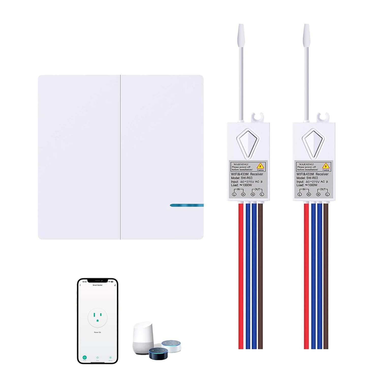 NineLeaf Smart WiFi interrupteur mural téléphone télécommande lampes et appareils interrupteur mural 2 voies avec 2 x récepteur compatible avec Alexa Google Home fonction de minuterie – Image 2