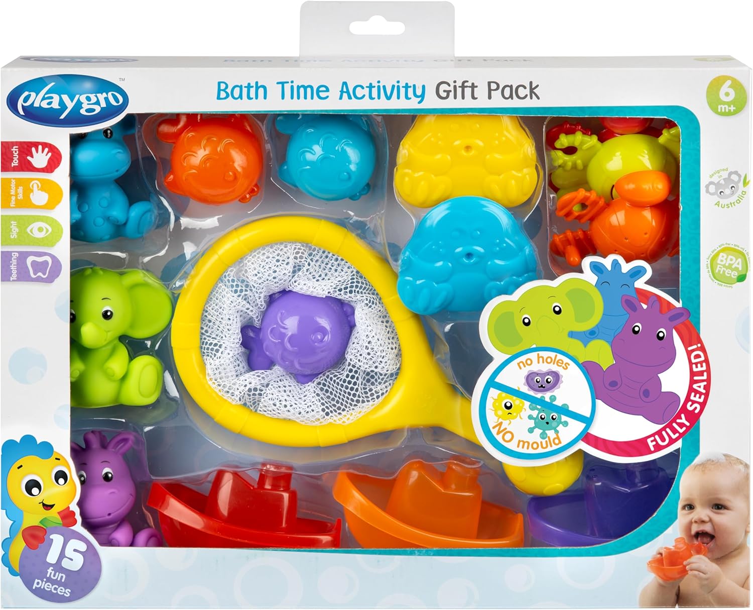 Playgro Coffret cadeau d'activités Bath Time, 15 pièces, ensemble de bain pour bébé, filet de rangement, animaux et bateaux, cadeau à partir de 6 mois – Image 2