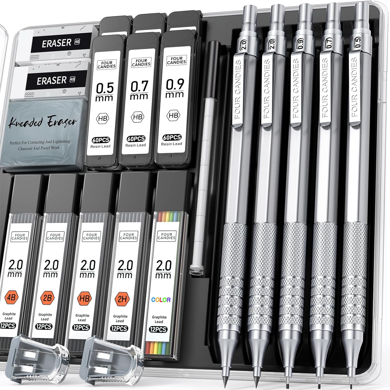 Porte-mine en métal Four Candies, 3 crayons 0,5, 0,7, 0,9 mm et 2 x 2 mm avec 420 mines (couleur 4B 2B HB 2H) pour écrire, dessiner et dessiner (argent) – Image 2