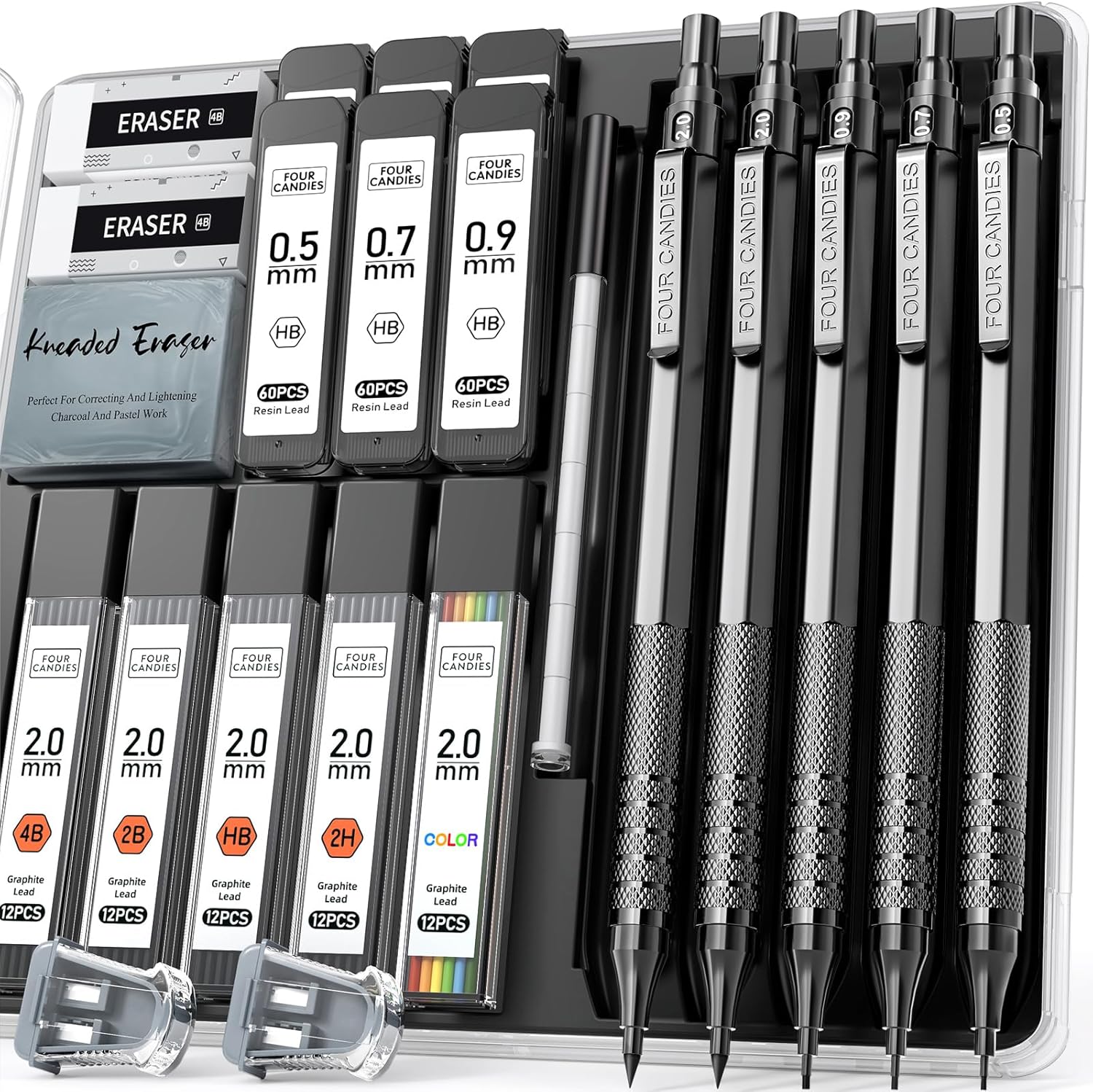 Porte-mine en métal Four Candies, 3 crayons 0,5, 0,7, 0,9 mm et 2 x 2 mm avec 420 mines (couleur 4B 2B HB 2H) pour écrire, dessiner et dessiner (noir) – Image 2