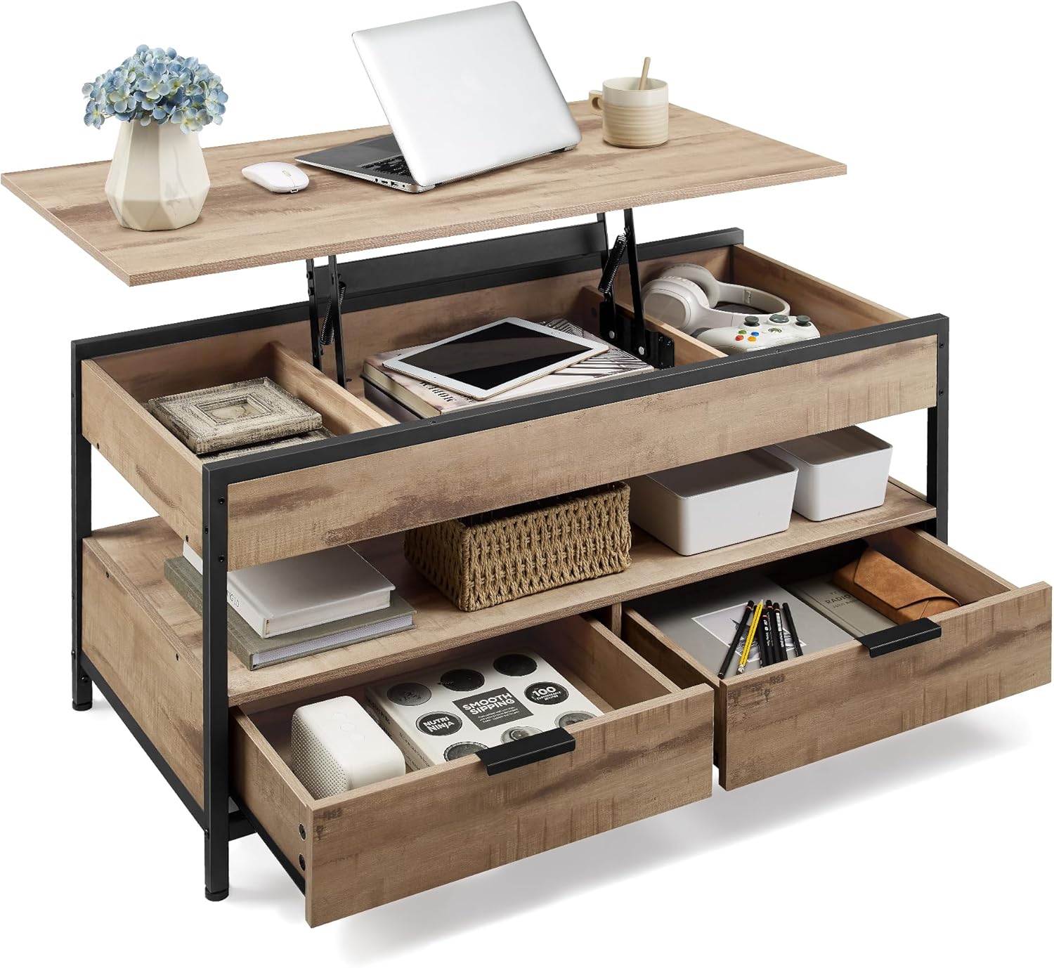 VASAGLE Table basse, table de salon avec plateau relevable, tiroirs de rangement, avec rangement ouvert et compartiment caché, marron chameau et noir encre LCT209K02 – Image 2