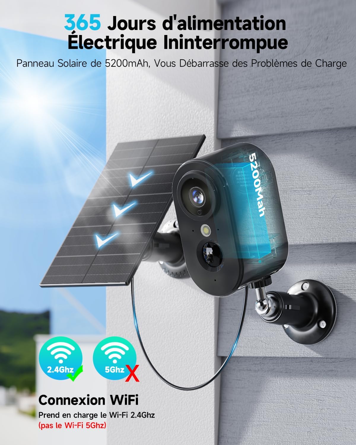 Caméra de surveillance WiFi à batterie sans fil 2K – Caméra de surveillance WiFi avec panneau solaire, vision nocturne couleur, extérieur/intérieur, détection de mouvement PIR, IP66, noir – Image 3