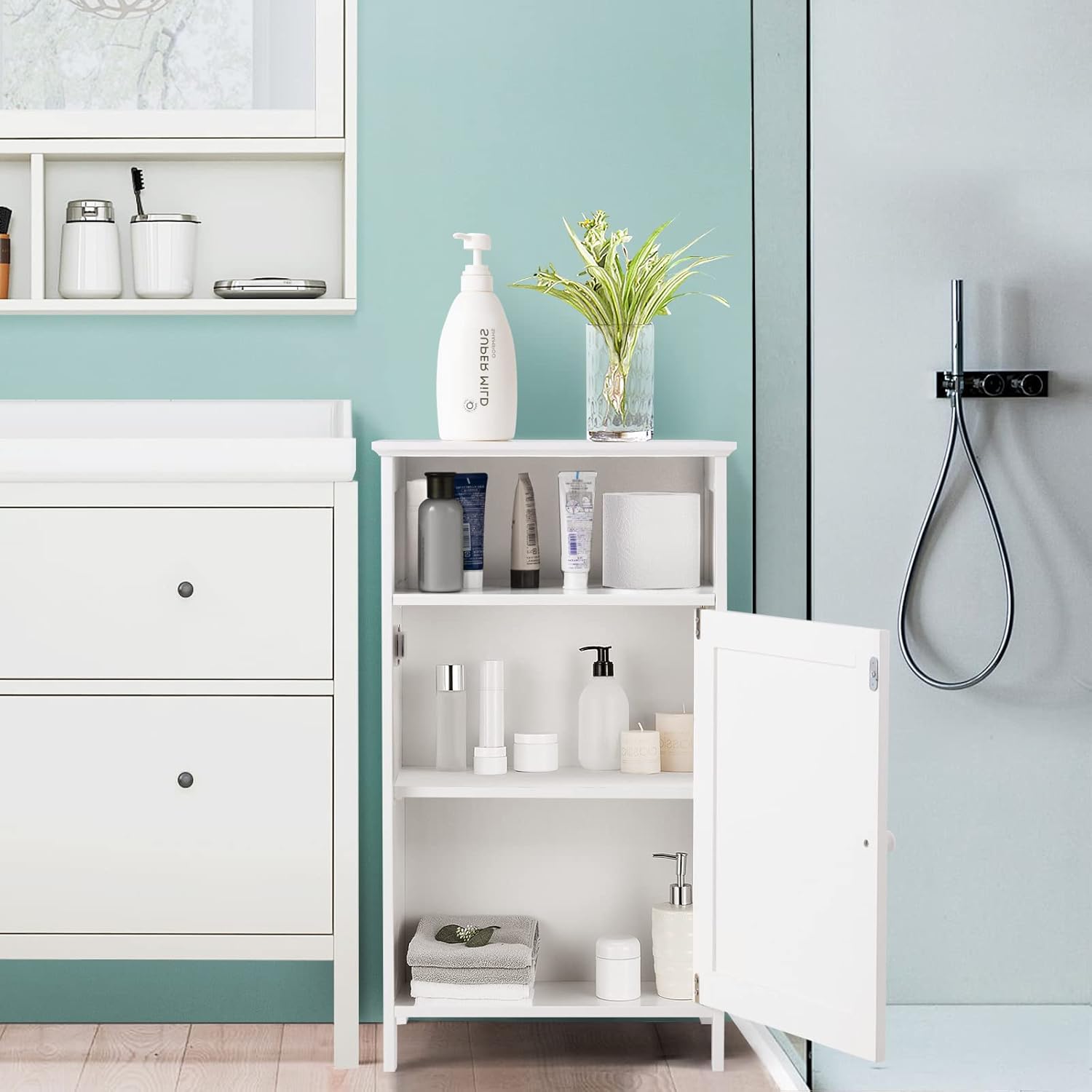 COSTWAY Meuble de Salle de Bain avec Porte, Meuble de Rangement avec Compartiment Ouvert, Placard à Etagères Réglables, pour Salle de Bain, Salon, Chambre, 30 x 40 x 70 cm (Blanc) – Image 3
