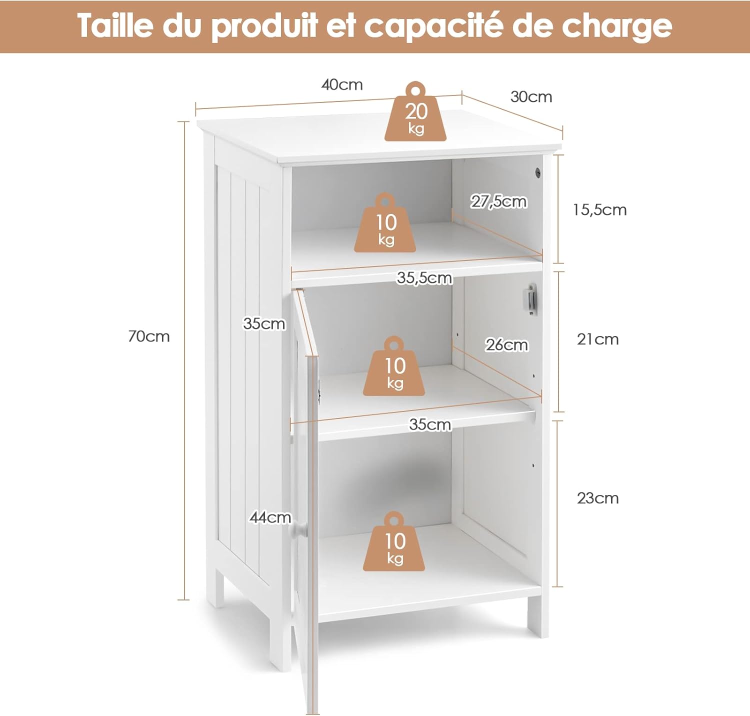 COSTWAY Meuble de Salle de Bain avec Porte, Meuble de Rangement avec Compartiment Ouvert, Placard à Etagères Réglables, pour Salle de Bain, Salon, Chambre, 30 x 40 x 70 cm (Blanc) – Image 4