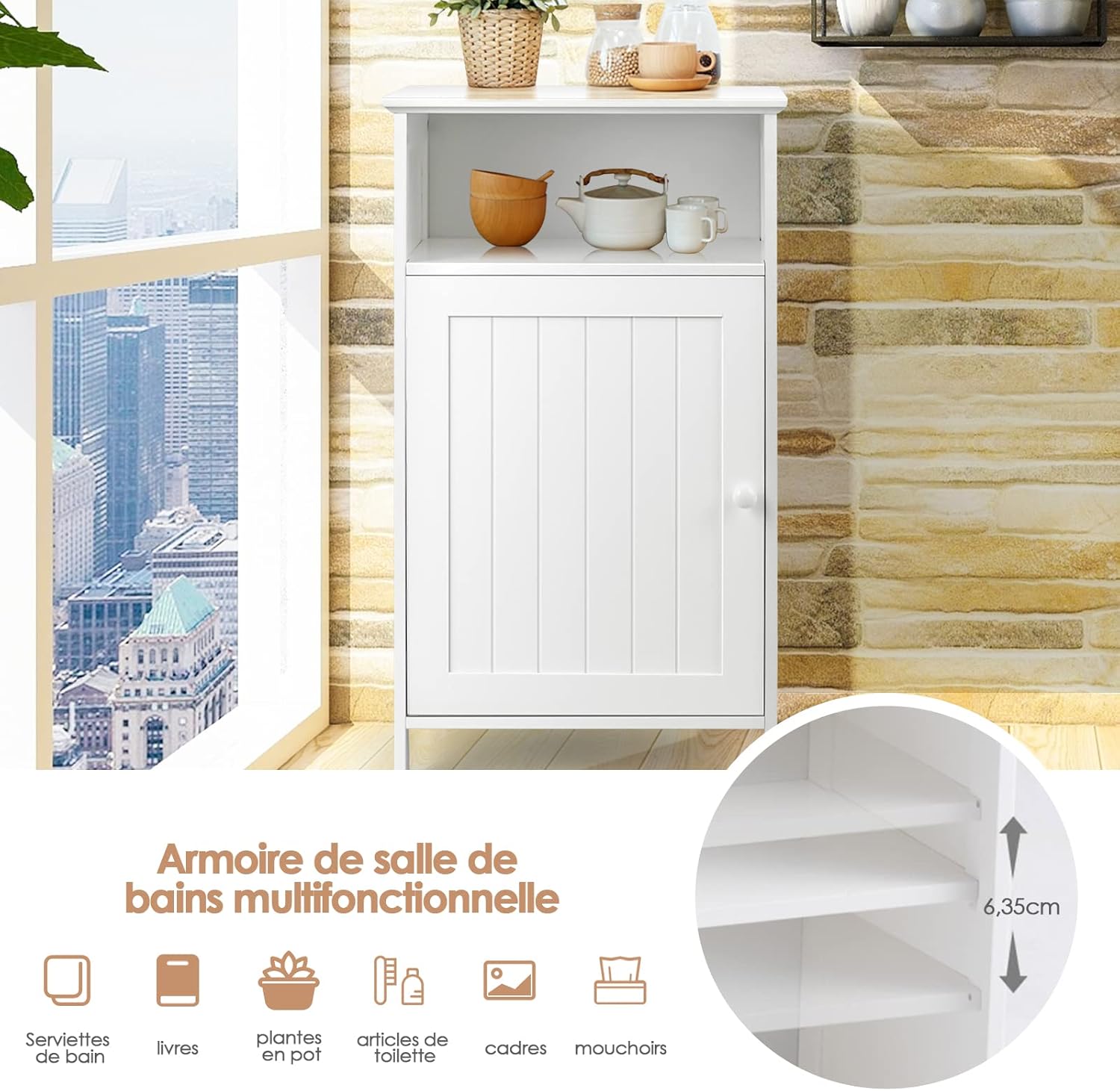 COSTWAY Meuble de Salle de Bain avec Porte, Meuble de Rangement avec Compartiment Ouvert, Placard à Etagères Réglables, pour Salle de Bain, Salon, Chambre, 30 x 40 x 70 cm (Blanc) – Image 6