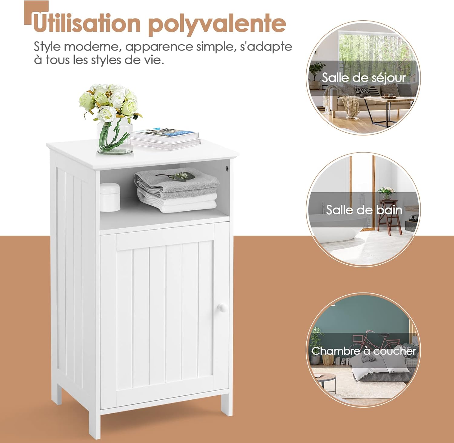 COSTWAY Meuble de Salle de Bain avec Porte, Meuble de Rangement avec Compartiment Ouvert, Placard à Etagères Réglables, pour Salle de Bain, Salon, Chambre, 30 x 40 x 70 cm (Blanc) – Image 7