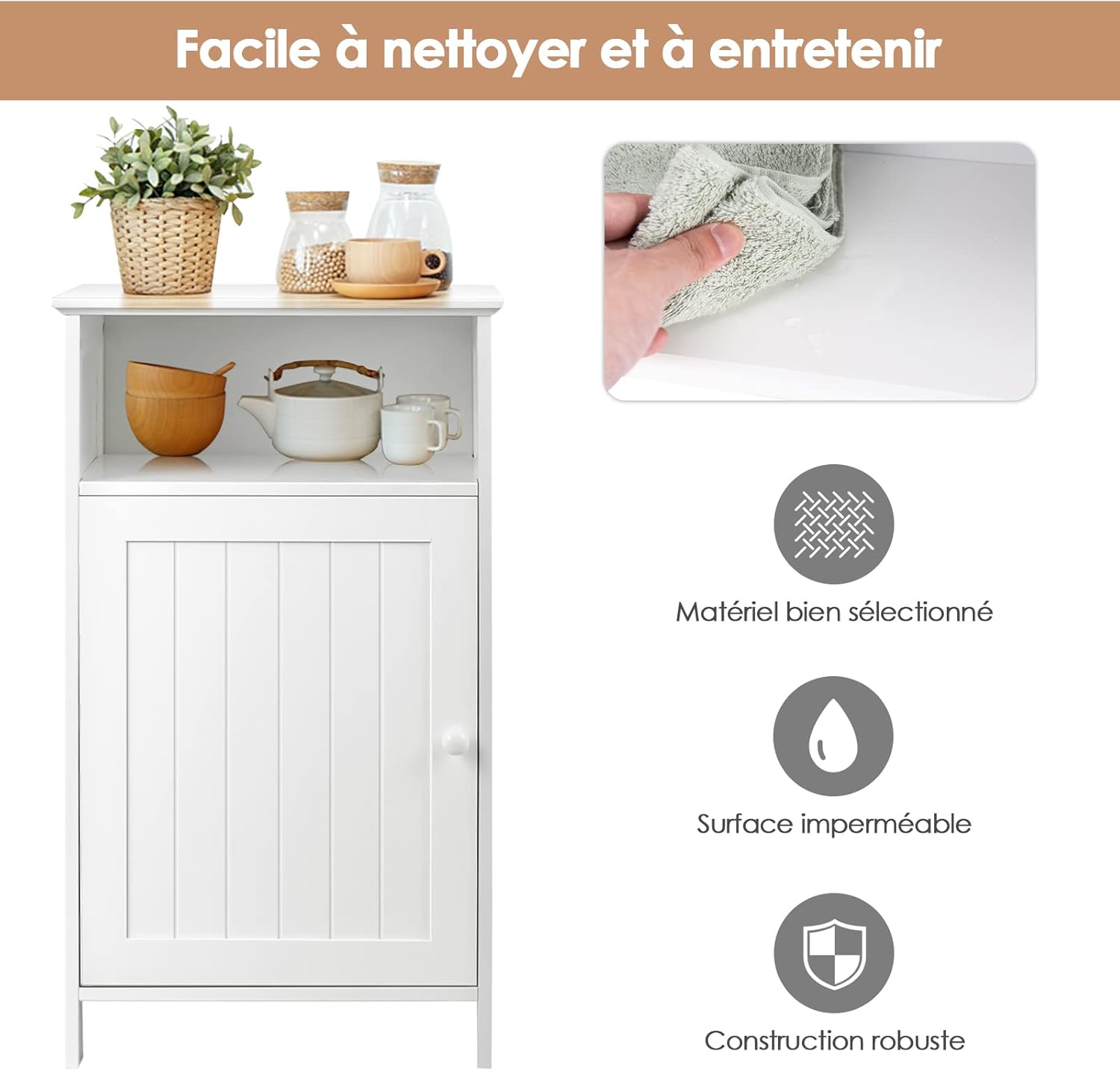 COSTWAY Meuble de Salle de Bain avec Porte, Meuble de Rangement avec Compartiment Ouvert, Placard à Etagères Réglables, pour Salle de Bain, Salon, Chambre, 30 x 40 x 70 cm (Blanc) – Image 8