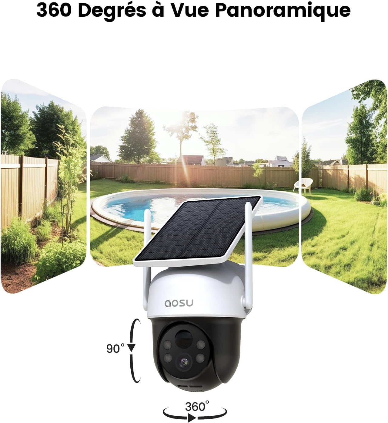 aosu Caméra de surveillance WiFi sans fil 2K Caméra solaire WiFi extérieure, PTZ panoramique 3MP 360°, suivi automatique, vision Vocture, alarme lumineuse et sonore, audio bidirectionnel – Image 4