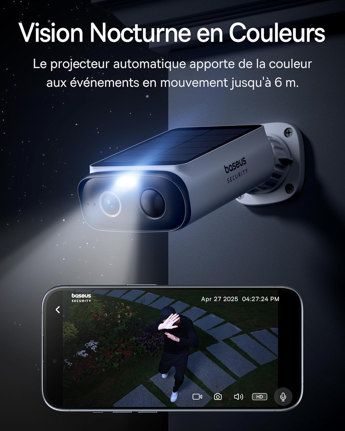 Baseus Security S1 Lite Solocam Caméra de surveillance WiFi sans fil, IP67, 2K 135°, vision couleur, caméra à batterie solaire, détection humaine, sans frais, fonctionne avec Alexa et Google – Image 7