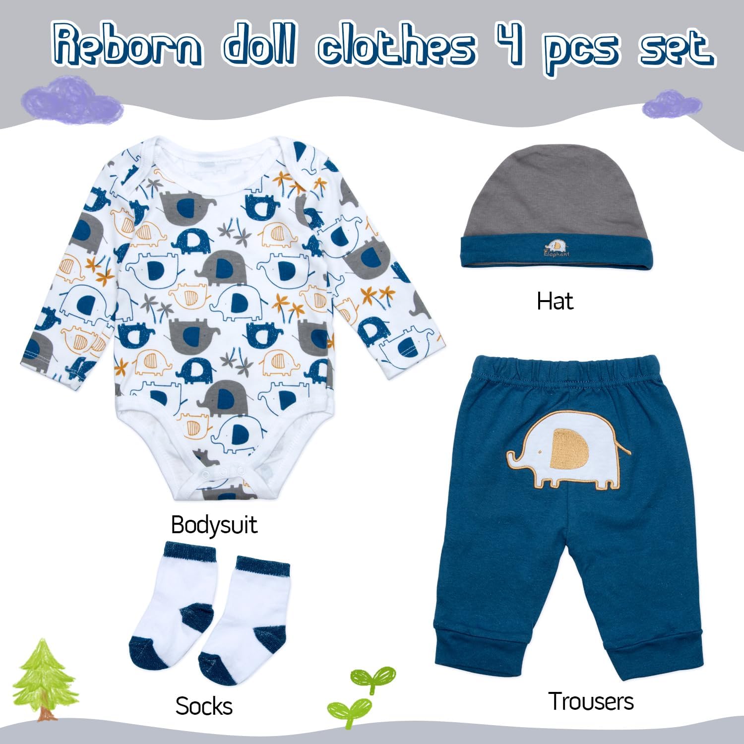 Vêtements de poupée Reborn, 4 paquets, vêtements pour poupées de 17 à 22 pouces, pour bébé garçon, éléphant bleu, accessoires pour nouveau-nés – Image 7