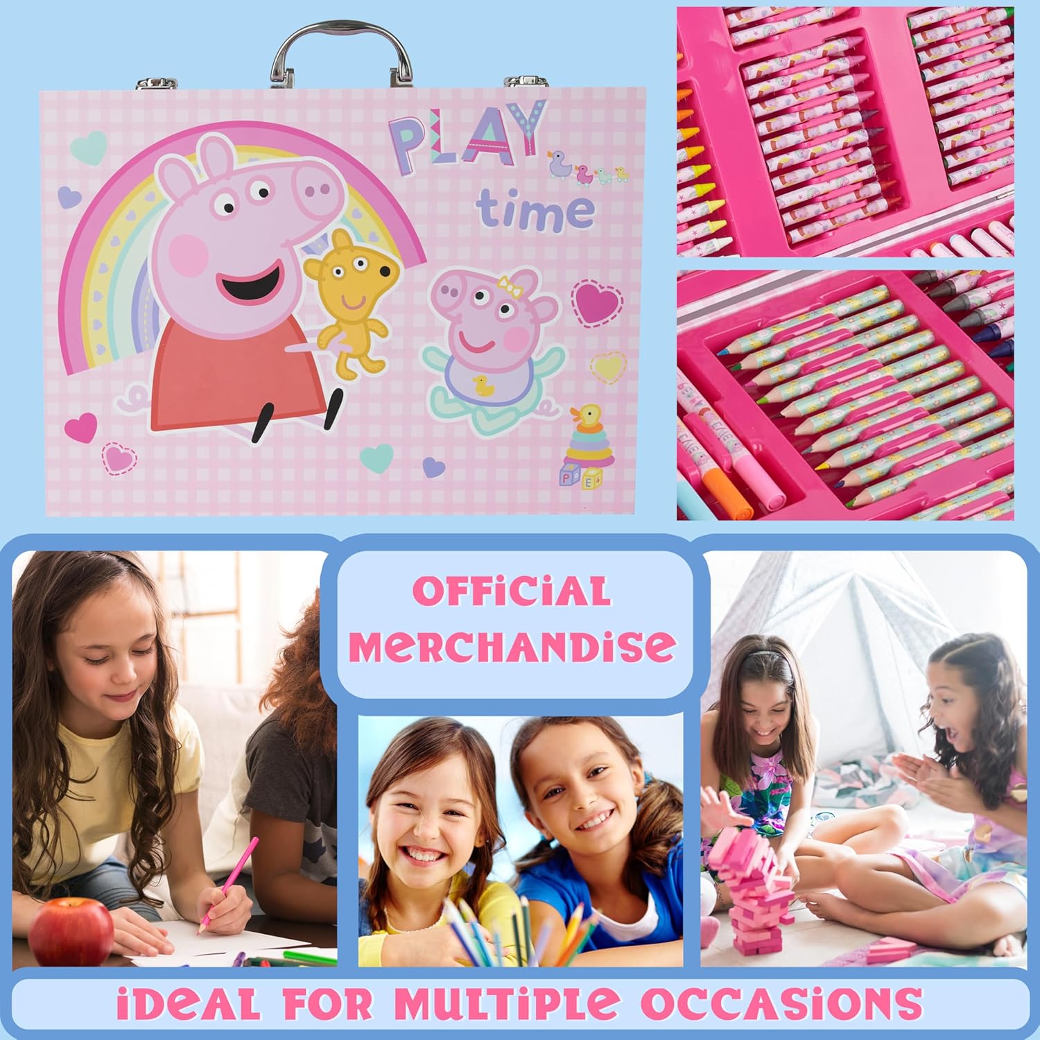 Peppa Pig Kit de coloriage pour enfants 137 pièces, kit de papeterie, travaux manuels, crayons, feuilles de coloriage, gommes, taille-crayon et autocollants – Image 3