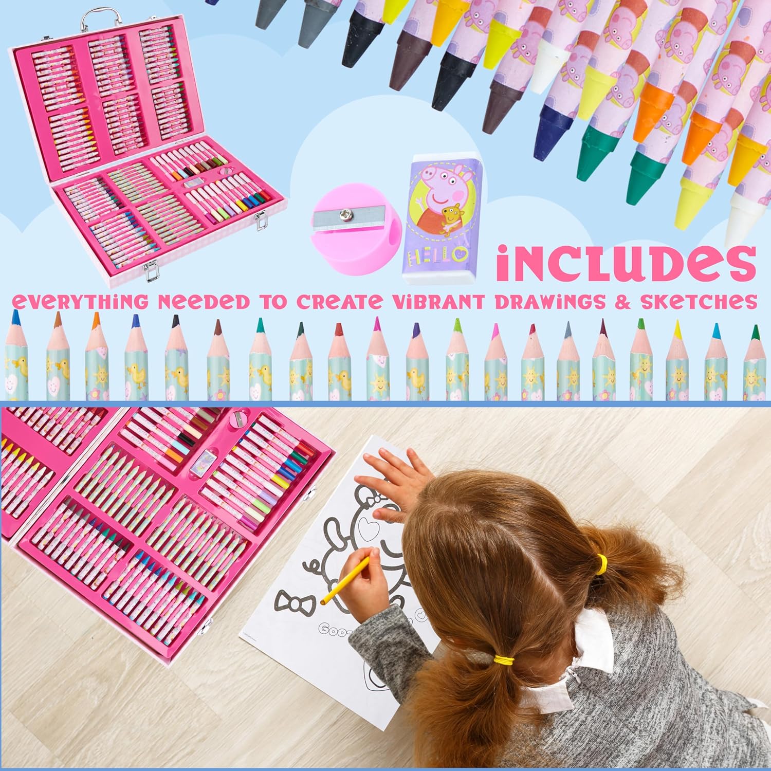 Peppa Pig Kit de coloriage pour enfants 137 pièces, kit de papeterie, travaux manuels, crayons, feuilles de coloriage, gommes, taille-crayon et autocollants – Image 5