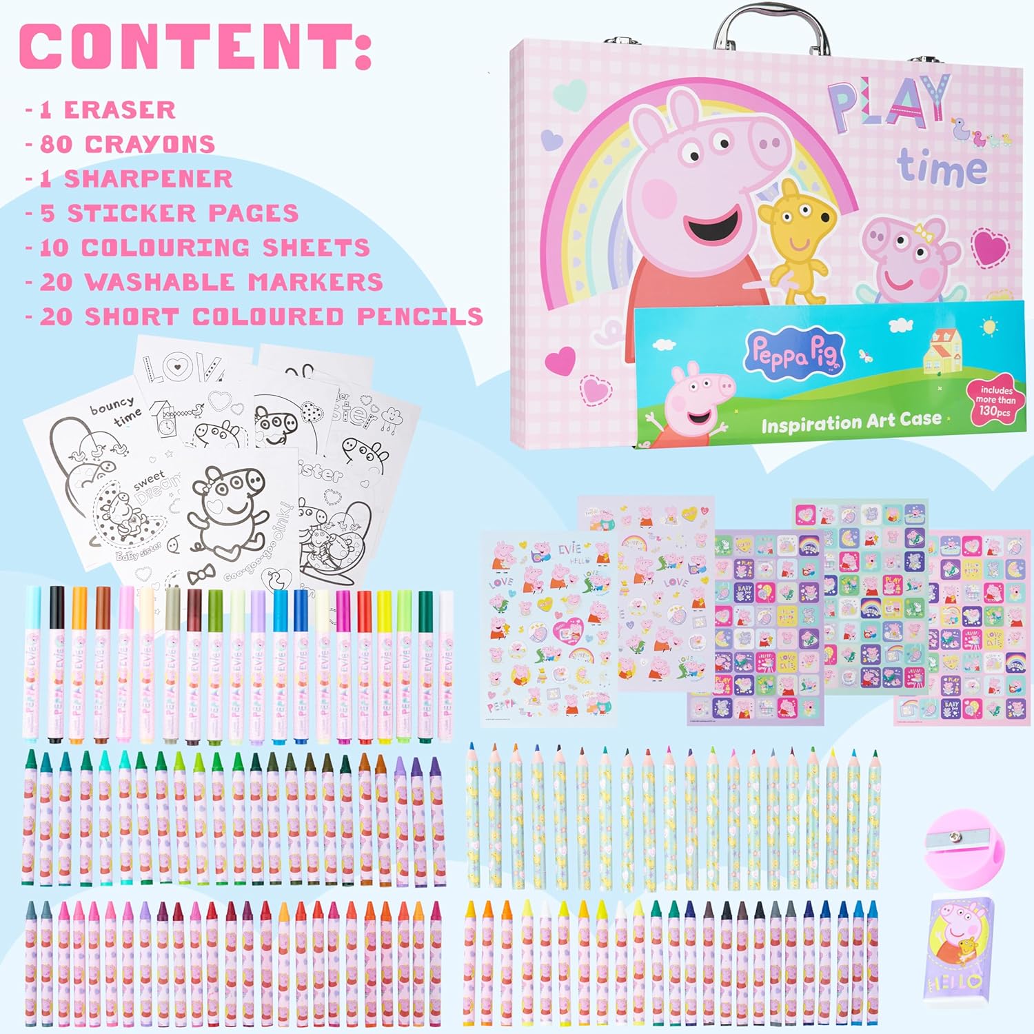 Peppa Pig Kit de coloriage pour enfants 137 pièces, kit de papeterie, travaux manuels, crayons, feuilles de coloriage, gommes, taille-crayon et autocollants – Image 7