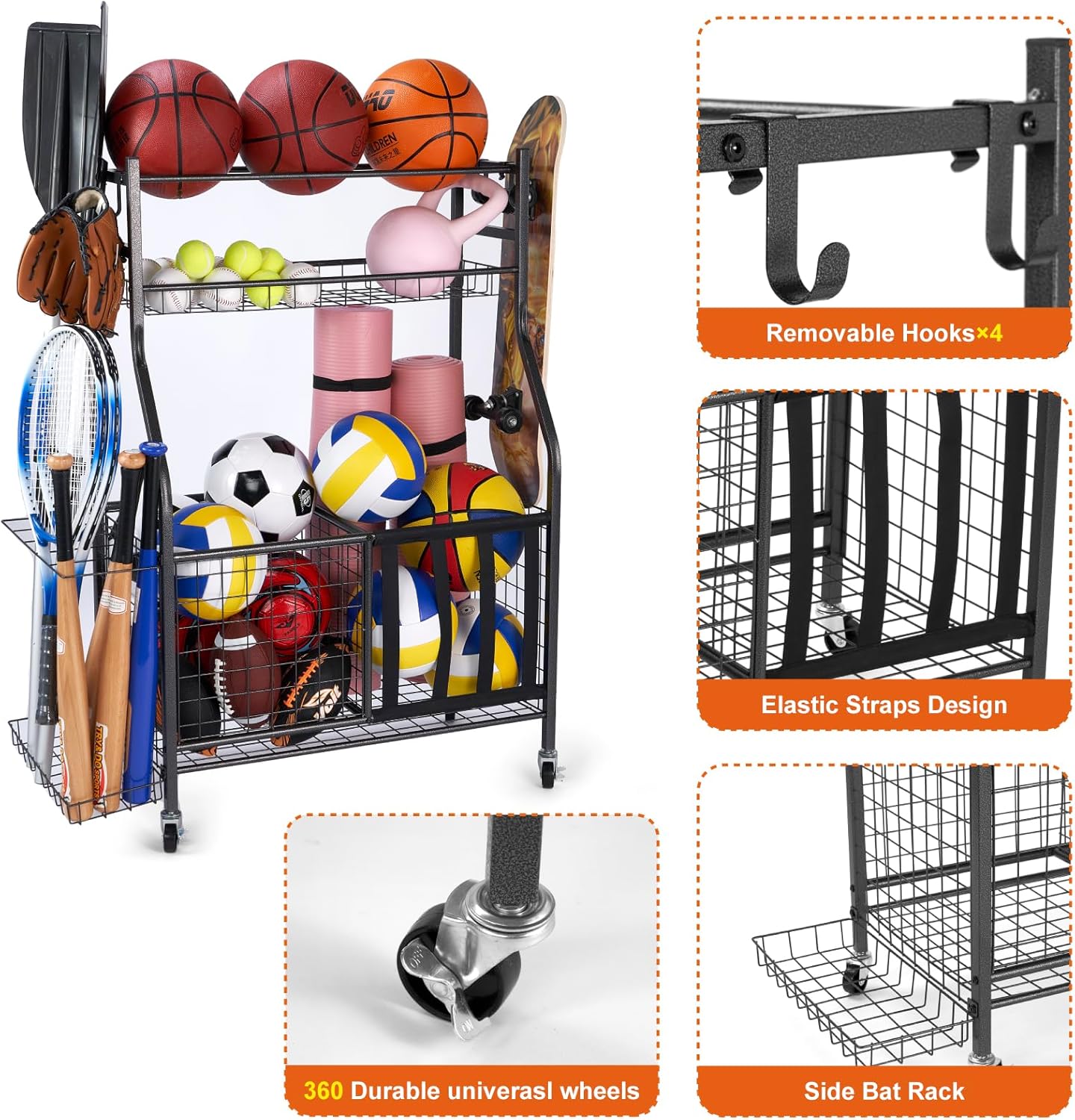 Rangement d'équipement de sport, étagères de rangement de balles, jouets pour intérieur et extérieur, organisateur d'équipement de sport, rangement d'équipement de sport – Image 4