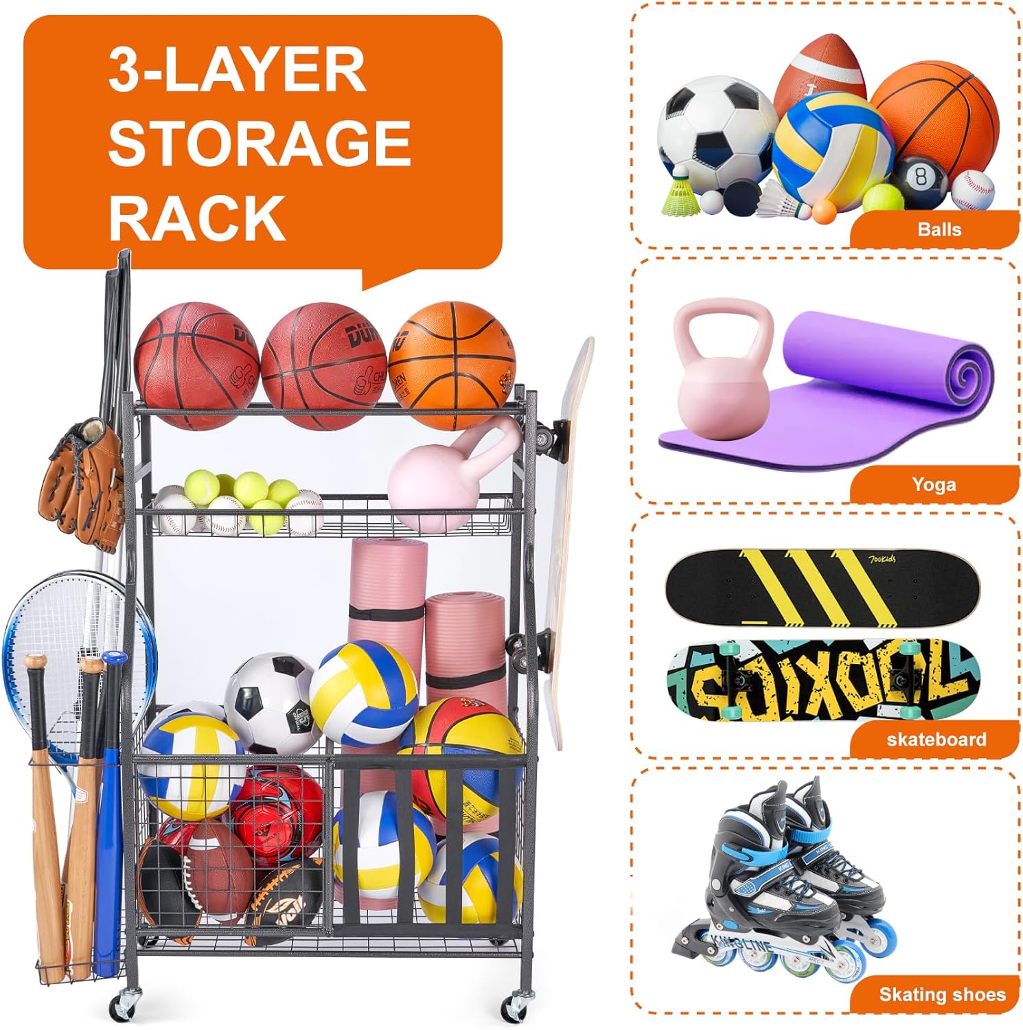 Rangement d'équipement de sport, étagères de rangement de balles, jouets pour intérieur et extérieur, organisateur d'équipement de sport, rangement d'équipement de sport – Image 8