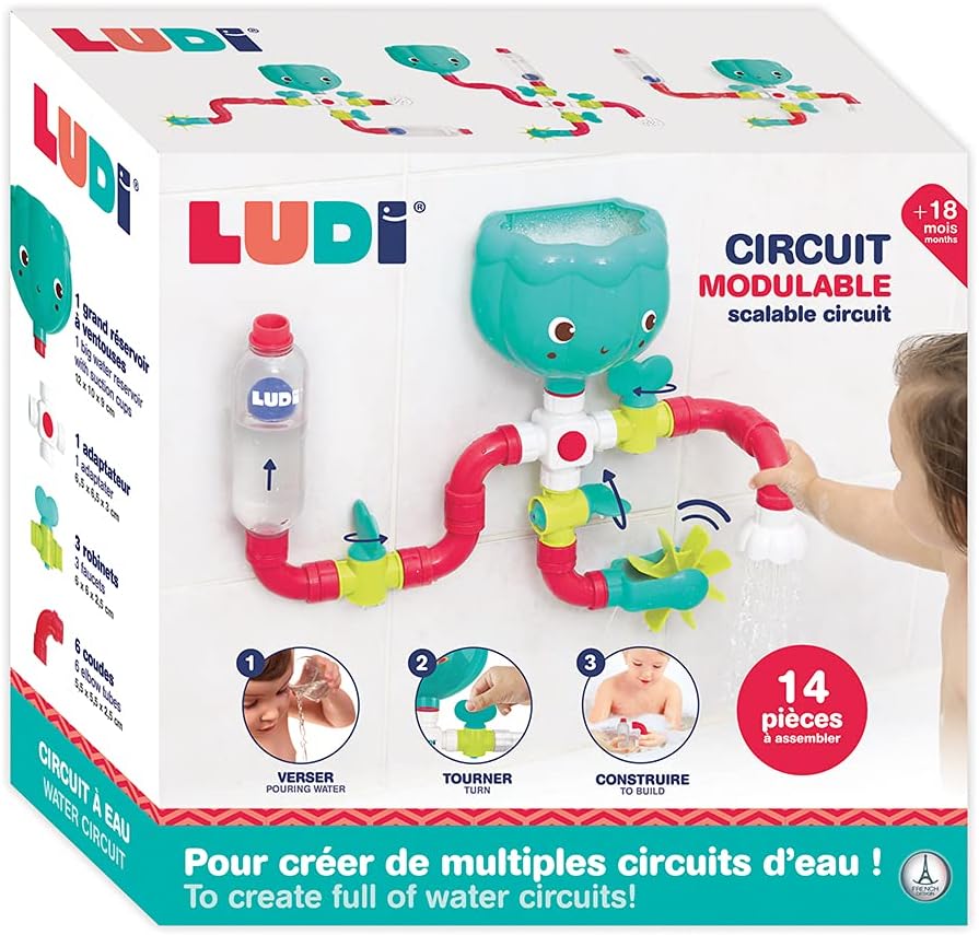 Ludi - Circuit d'eau à construire - Jouet de bain bébé ventouse - 14 pièces à assembler avec moulin et arroseur - Modulable, évolutif & éducatif - Jeu de construction à partir de 18 mois – Image 3