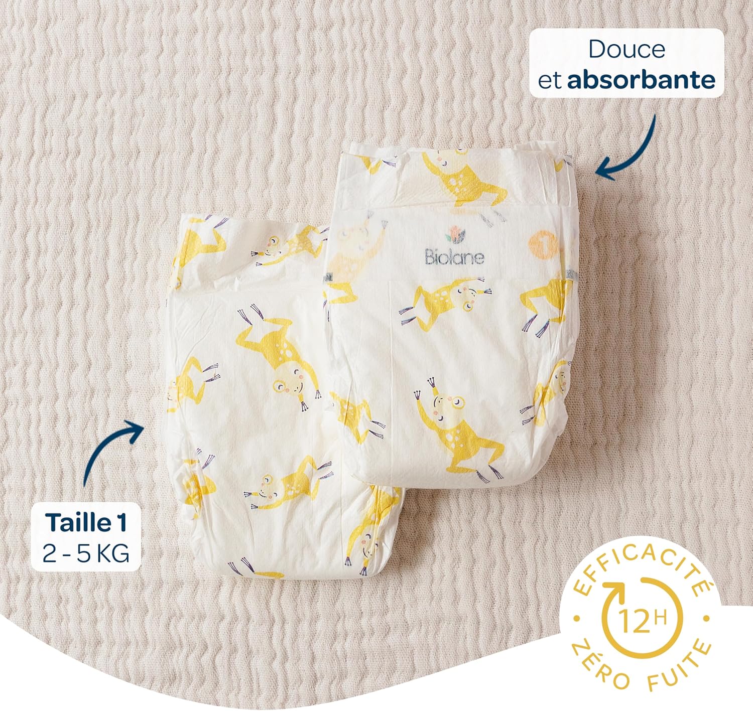 BIOLANE - Couches bébé taille 1 - (2-5 kg) - Peaux sensibles - Ultra-absorbantes, sans fuite, sèchent jusqu'à 12 heures - Confort & Protection - Pack 1 mois 162 couches - Fabriquées en France – Image 3