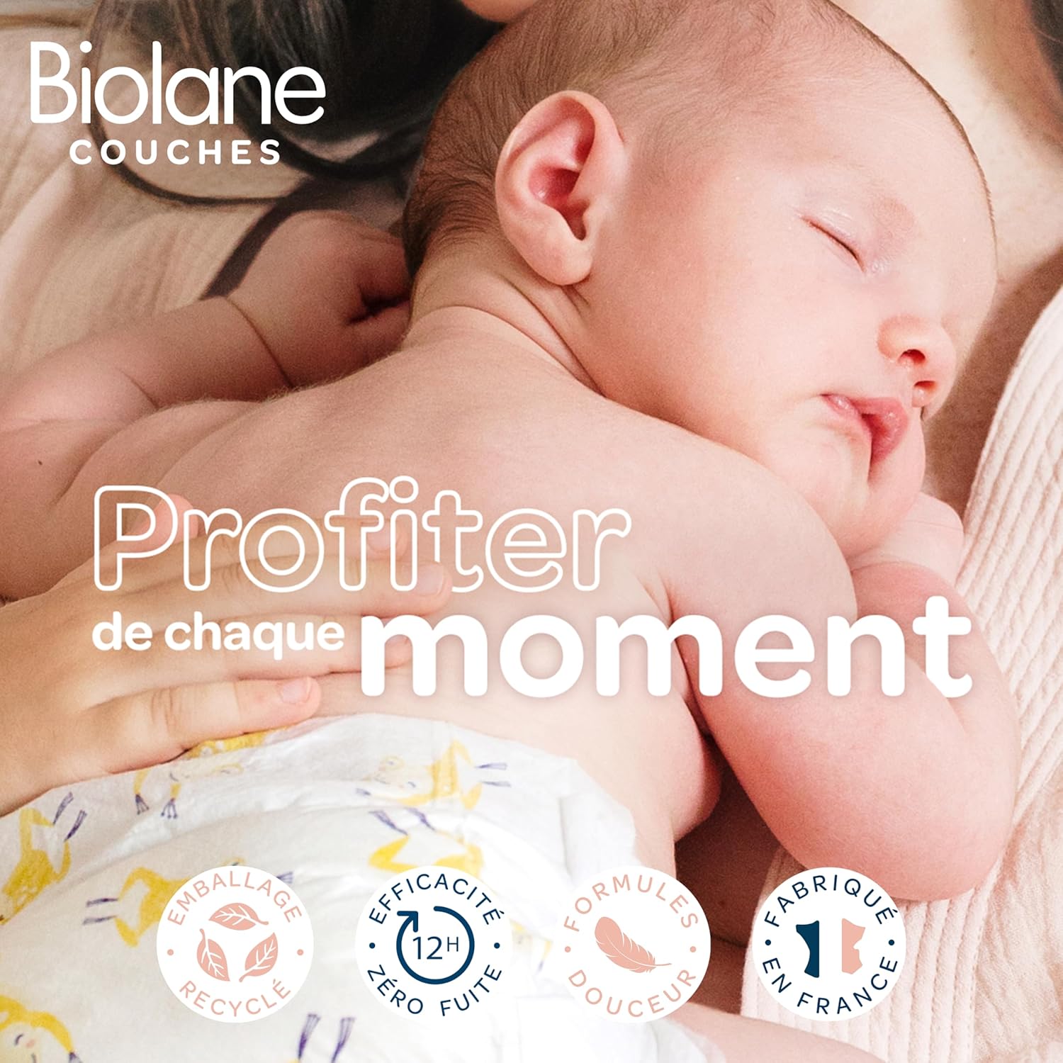 BIOLANE - Couches bébé taille 1 - (2-5 kg) - Peaux sensibles - Ultra-absorbantes, sans fuite, sèchent jusqu'à 12 heures - Confort & Protection - Pack 1 mois 162 couches - Fabriquées en France – Image 9