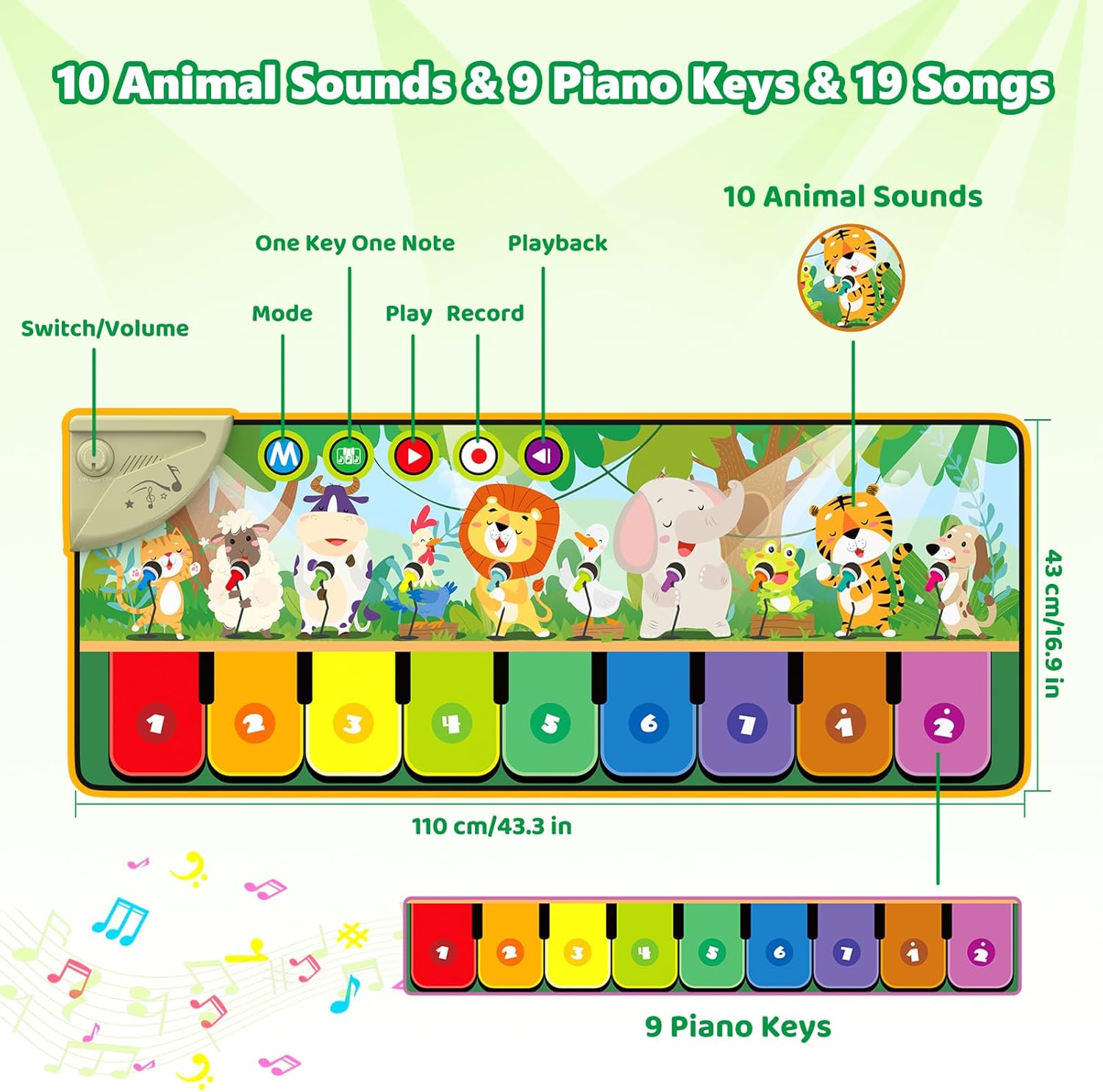 Rodzon 63301 Piano Bébé avec 10 Animaux, Jouets pour Bébés 1, 2 3 Ans, Tapis de Danse Enfant, Cadeau Noël Anniversaire pour Garçons et Filles 24 m+, 63301 – Image 3