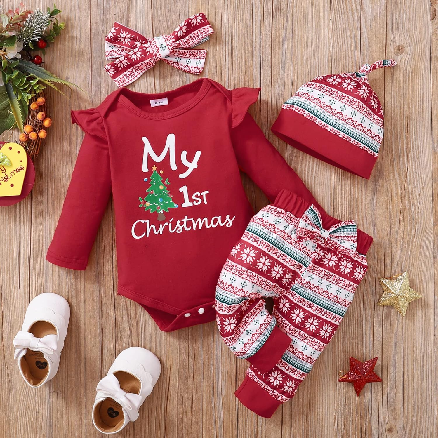 Verve Jelly Tenues pour bébé fille My 1st Christmas Barboteuse de Noël à manches longues avec lettres imprimées, pantalon flocon de neige avec chapeau et bandeau, ensemble de 4 pièces – Image 3