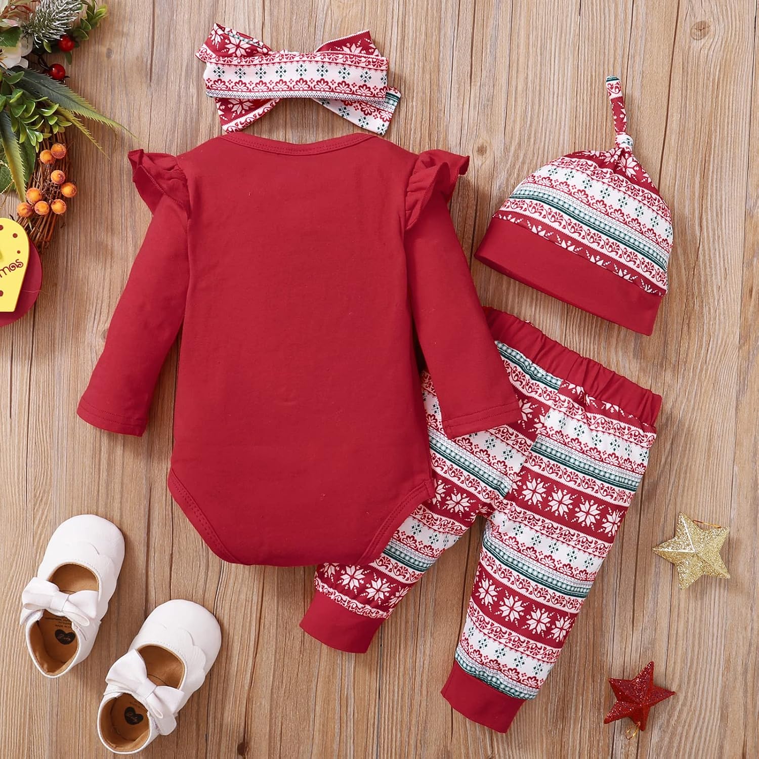 Verve Jelly Tenues pour bébé fille My 1st Christmas Barboteuse de Noël à manches longues avec lettres imprimées, pantalon flocon de neige avec chapeau et bandeau, ensemble de 4 pièces – Image 9