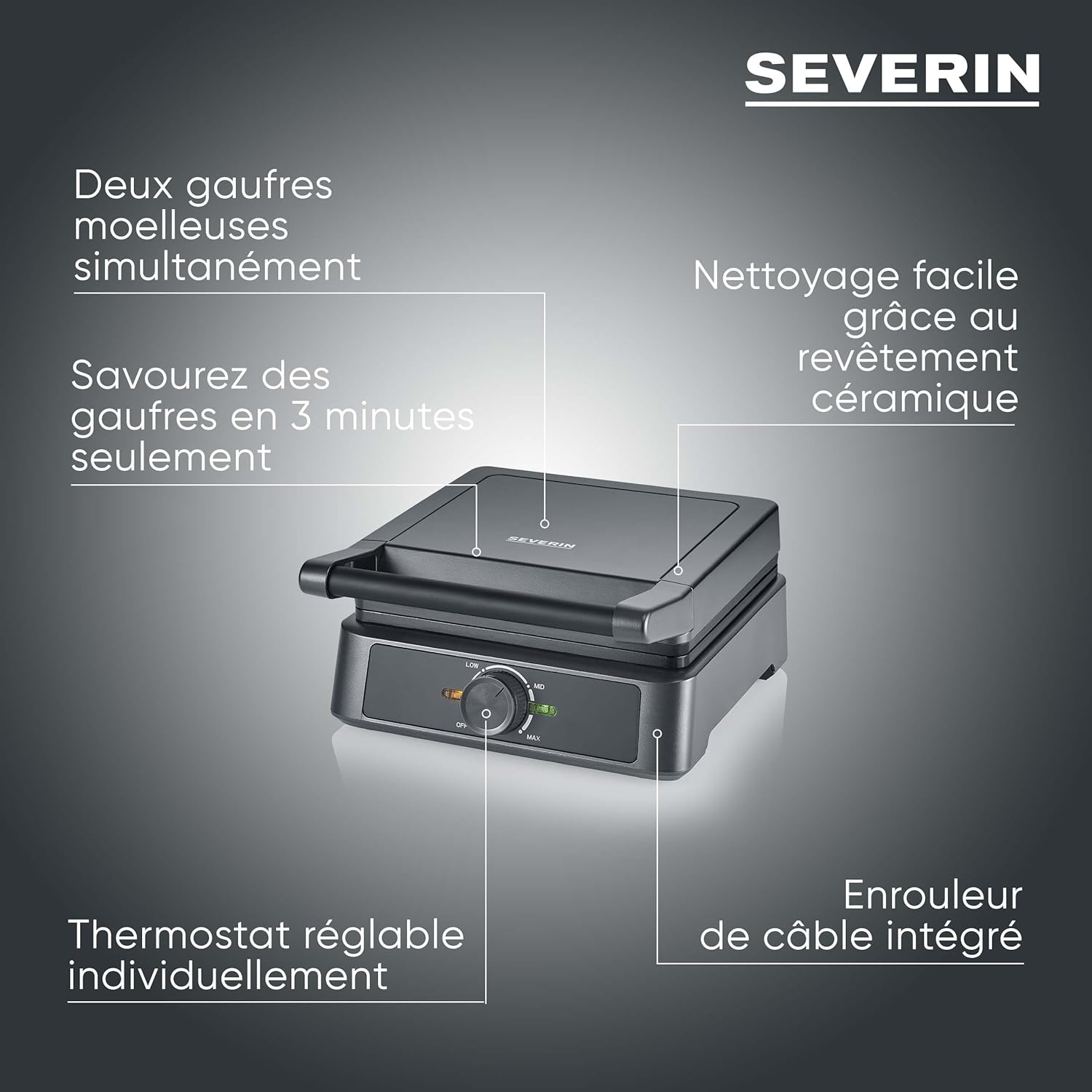 SEVERIN Gaufrier 1600 W, Gaufrier antiadhésif pour gaufres belges moelleuses et croustillantes, Machine à gaufres compacte sans PFAS, Noir, WA 2130 – Image 3