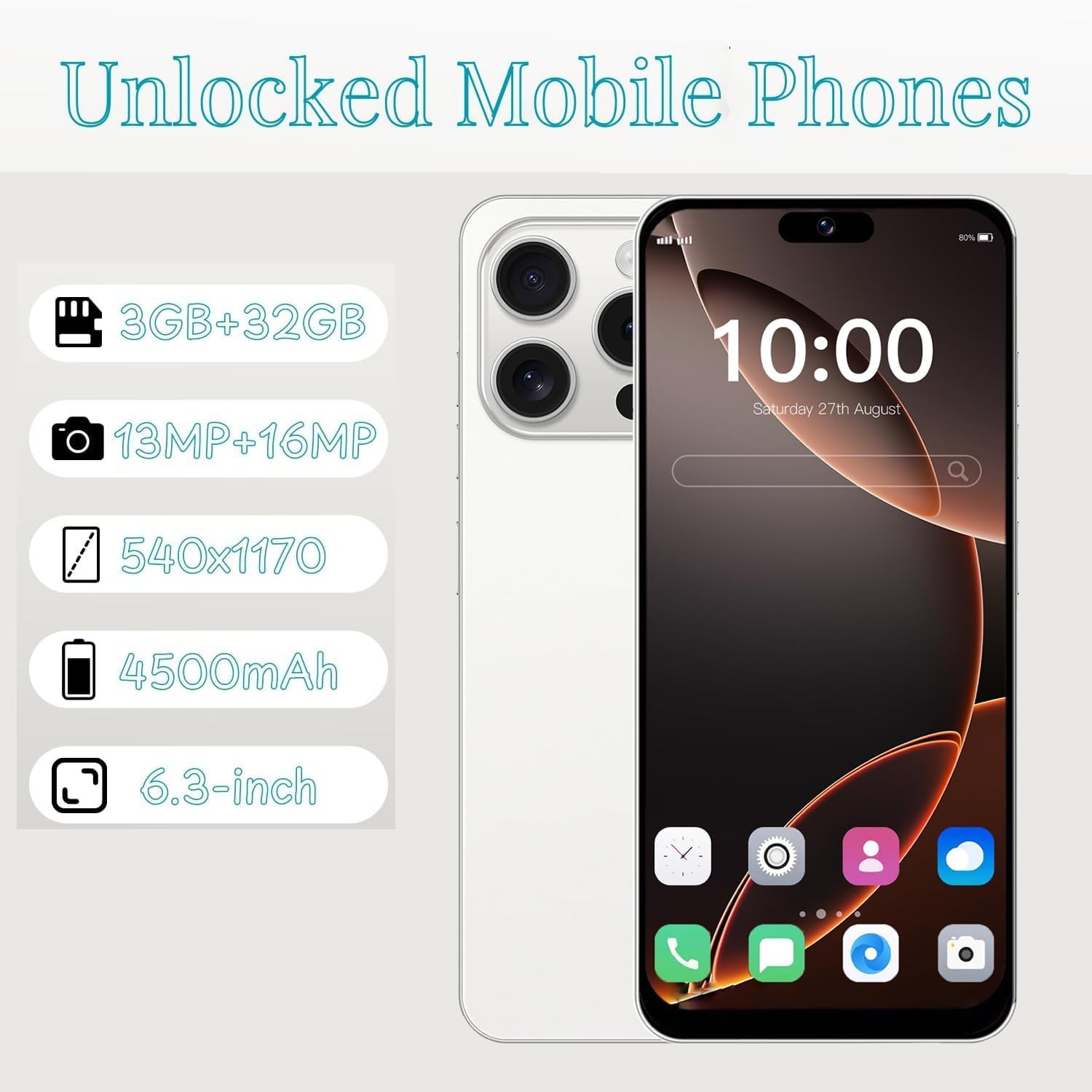Smartphone 4G bon marché, écran HD de 6,3 pouces, stockage de 32 Go (extensible à 256 Go), double SIM gratuite, Android 12.0, prise en charge du téléphone Face Unlock (noir) – Image 8