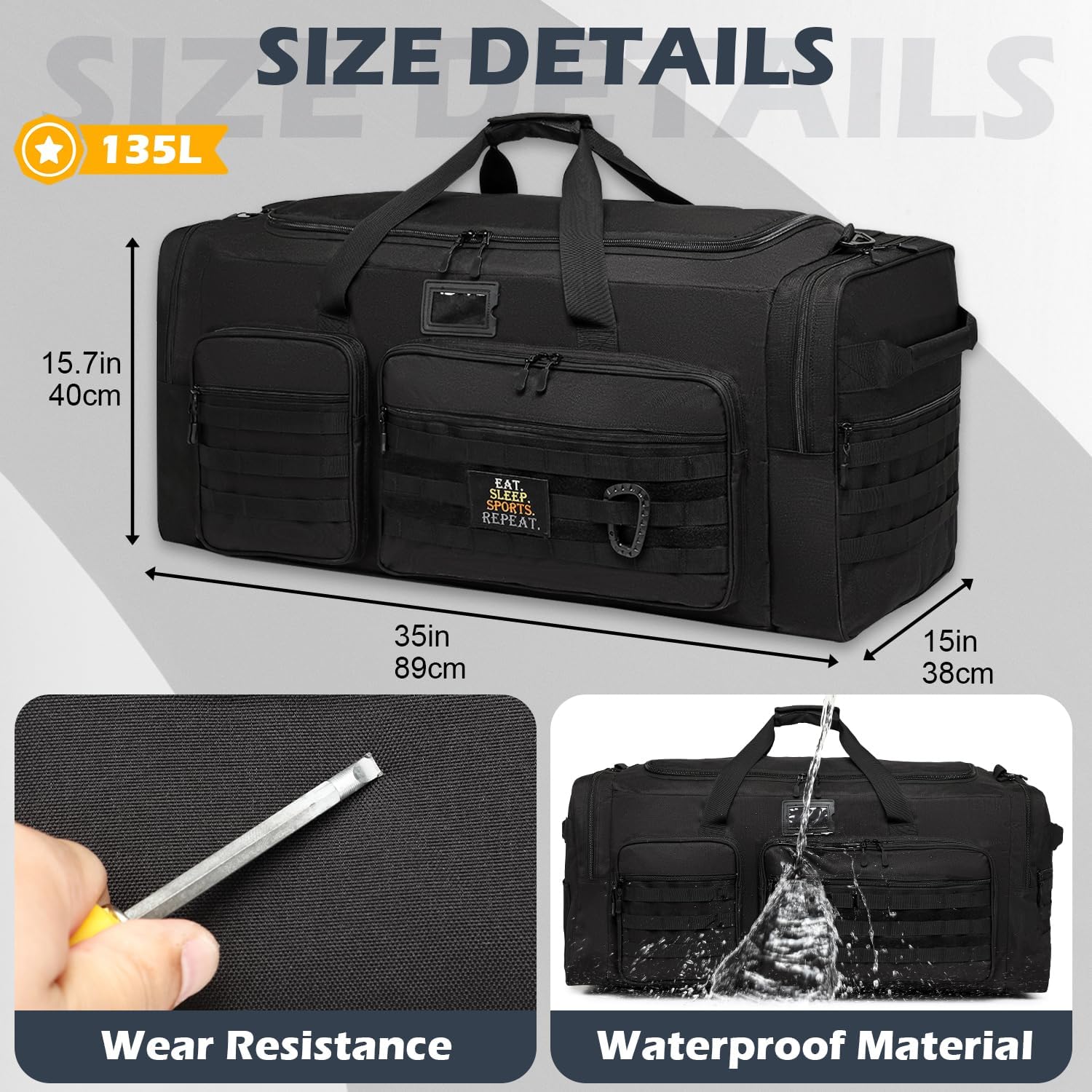 Grand sac de voyage pliable pour hommes, 130l, avec compartiment à chaussures et bandoulière, noir, noir, tactique – Image 3