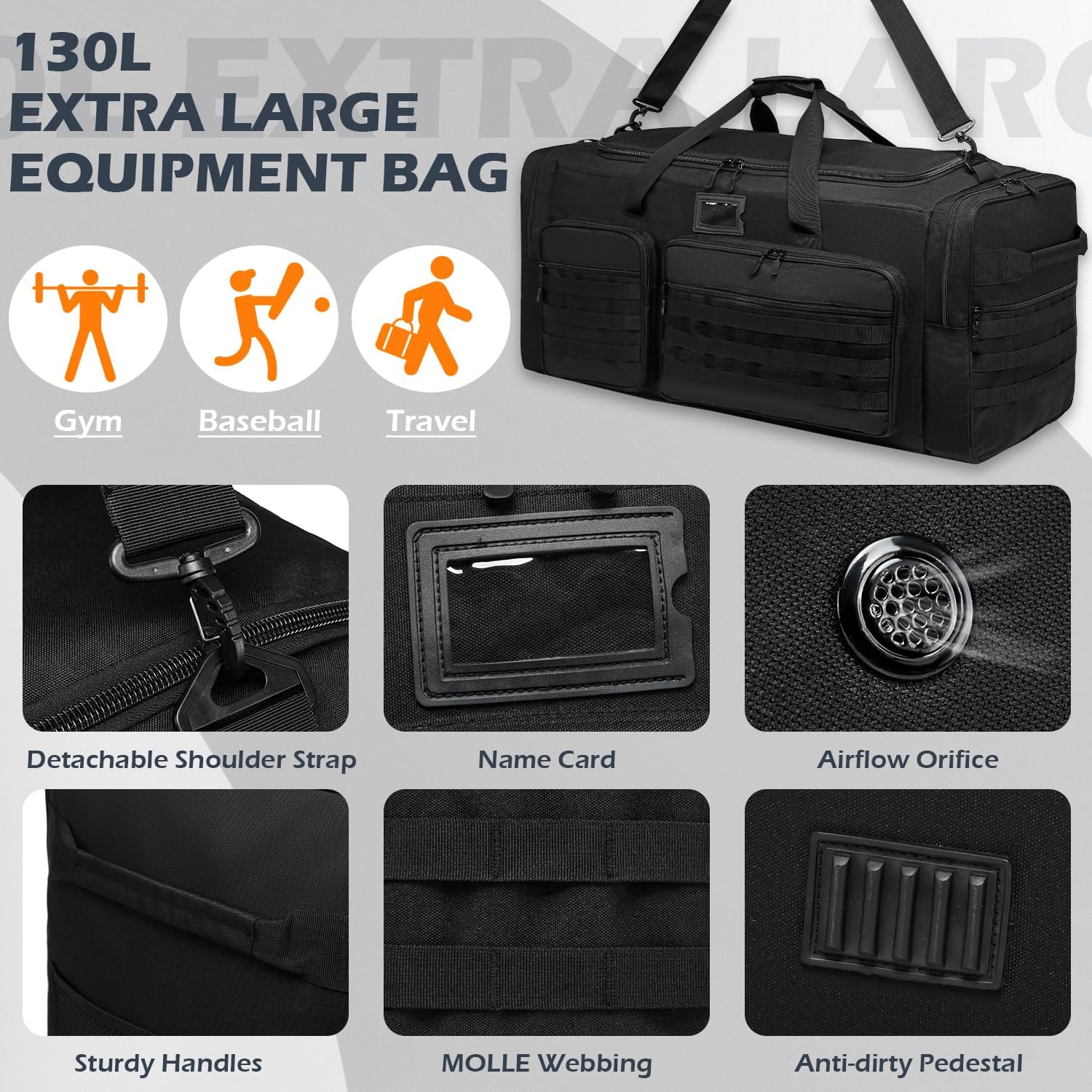 Grand sac de voyage pliable pour hommes, 130l, avec compartiment à chaussures et bandoulière, noir, noir, tactique – Image 6