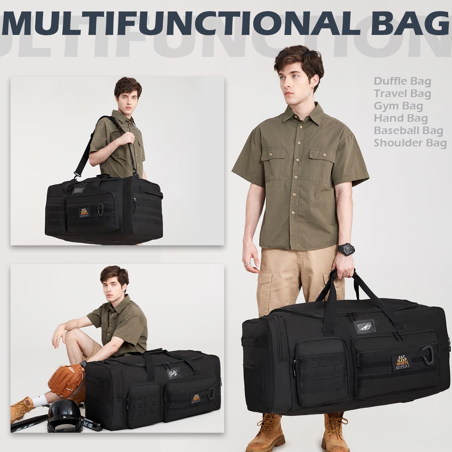 Grand sac de voyage pliable pour hommes, 130l, avec compartiment à chaussures et bandoulière, noir, noir, tactique – Image 7