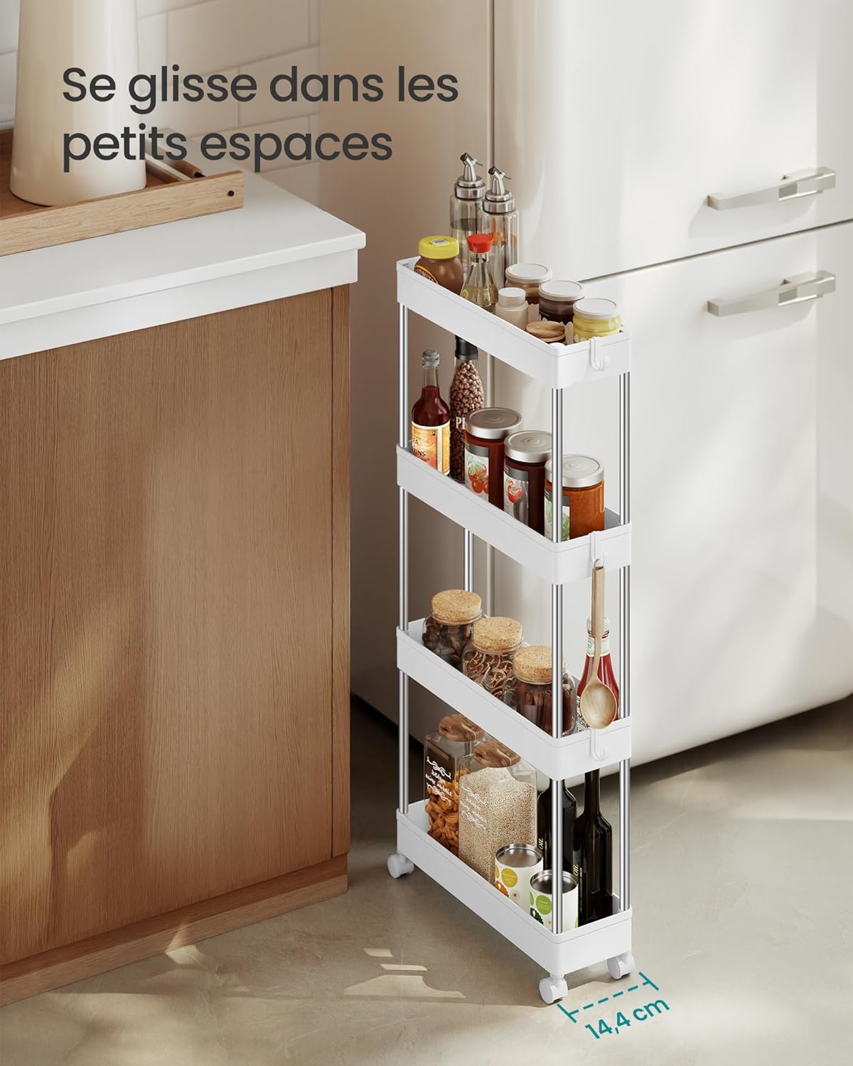 SONGMICS Desserte de Cuisine, Etagère de Cuisine à 4 Niveaux, Etagère étroite, avec 6 Crochets, Structure en Acier, Salle de Bain, 14,5 x 42 x 86 cm, Blanc Nuage KSC08WT – Image 3