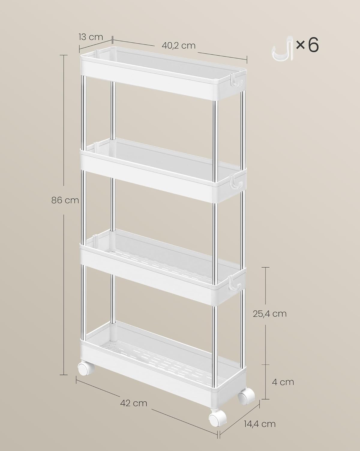 SONGMICS Desserte de Cuisine, Etagère de Cuisine à 4 Niveaux, Etagère étroite, avec 6 Crochets, Structure en Acier, Salle de Bain, 14,5 x 42 x 86 cm, Blanc Nuage KSC08WT – Image 5