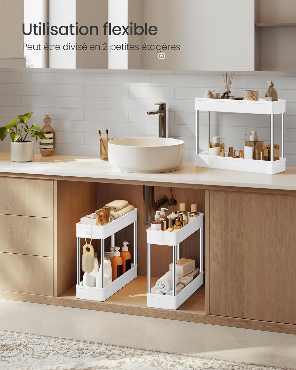 SONGMICS Desserte de Cuisine, Etagère de Cuisine à 4 Niveaux, Etagère étroite, avec 6 Crochets, Structure en Acier, Salle de Bain, 14,5 x 42 x 86 cm, Blanc Nuage KSC08WT – Image 6